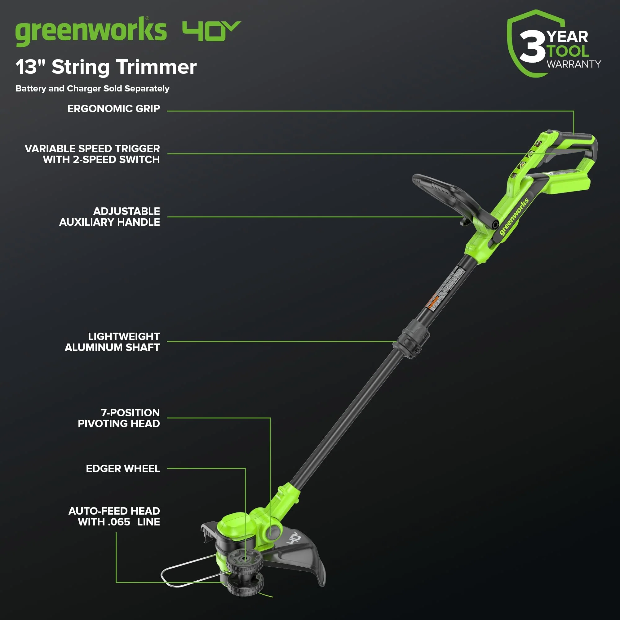40V 13" Cordless Battery String Trimmer / Edger, 20PC Blades (Tool Only) - Image 2