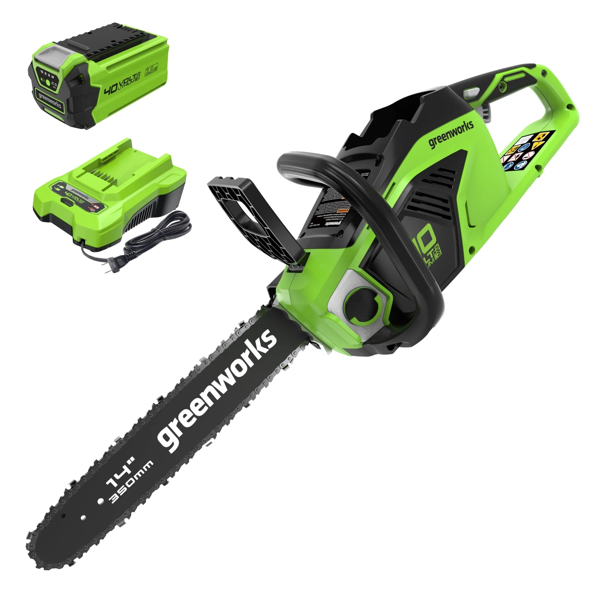40V 14" Cordless Battery 1.0 kW Chainsaw and 10" Pole Saw and Hedge Trimmer Attachment: (2) 2.5 Ah Battery and (2) Chargers - Image 2