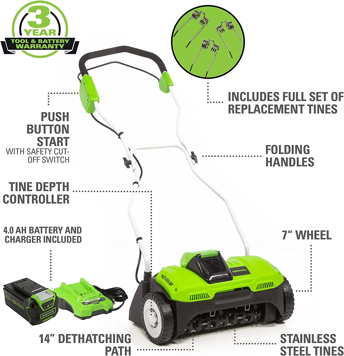 40V 14" Cordless Dethatcher: 4.0 Ah Battery and Charger - Image 2