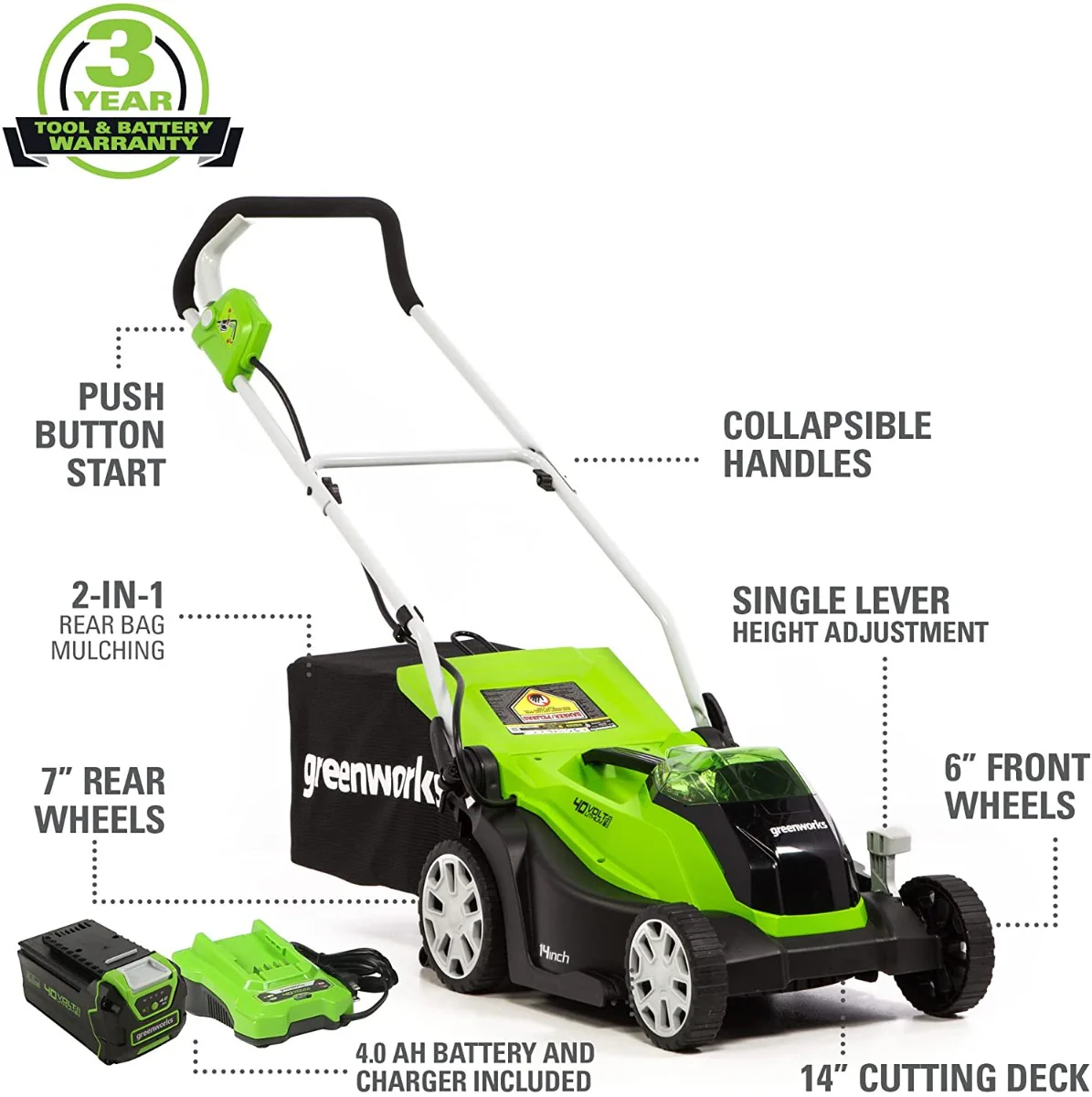 40V 14" Cordless Battery Push Lawn Mower: 4.0 Ah Battery and Charger - Image 3
