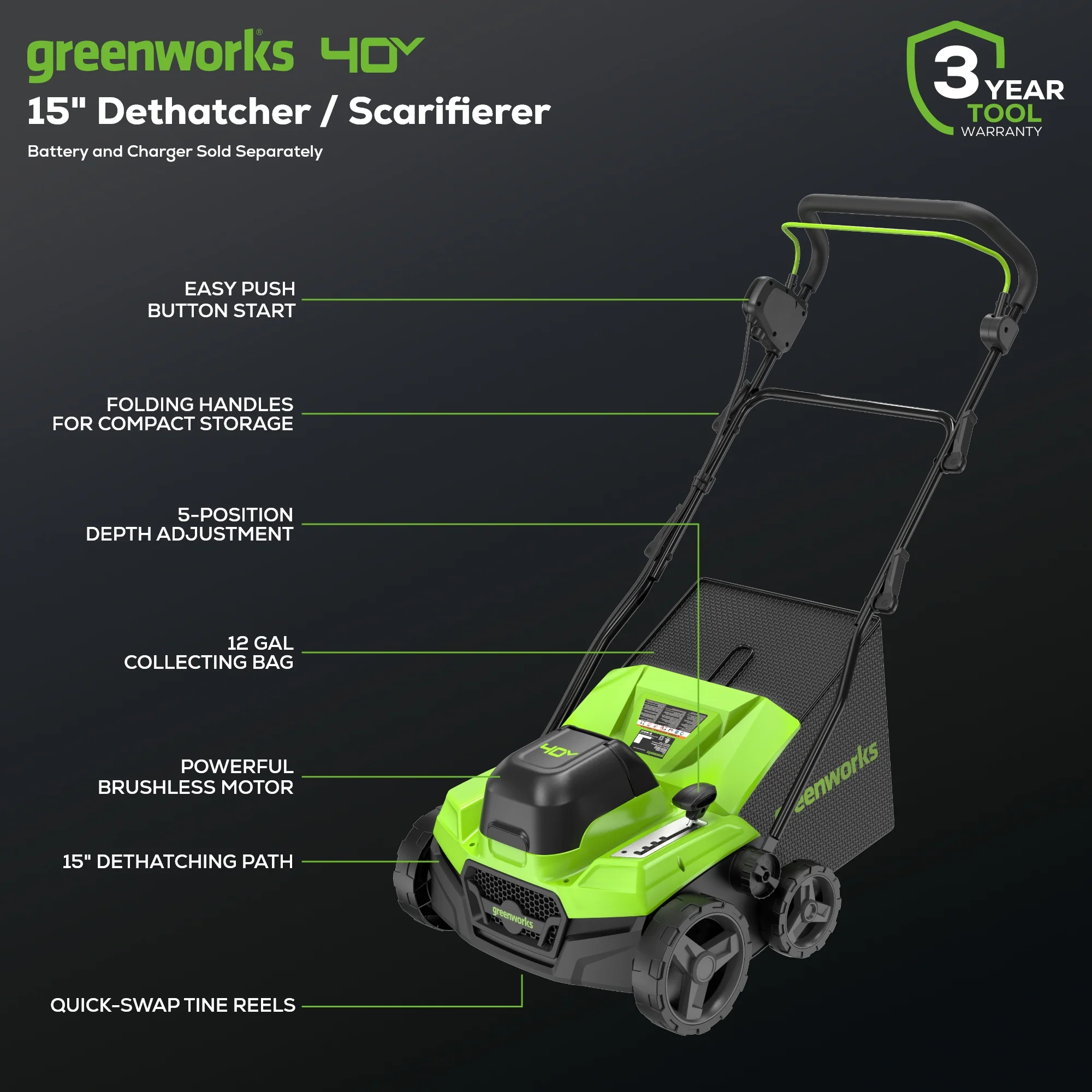 40V 15" Cordless Battery Dethatcher/Scarifier (Tool Only) - Image 2