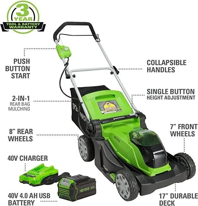 40V 17" Push Mower, 13" String Trimmer & 390 CFM Blower Combo Kit w/ 4.0Ah Battery & Charger - Image 2