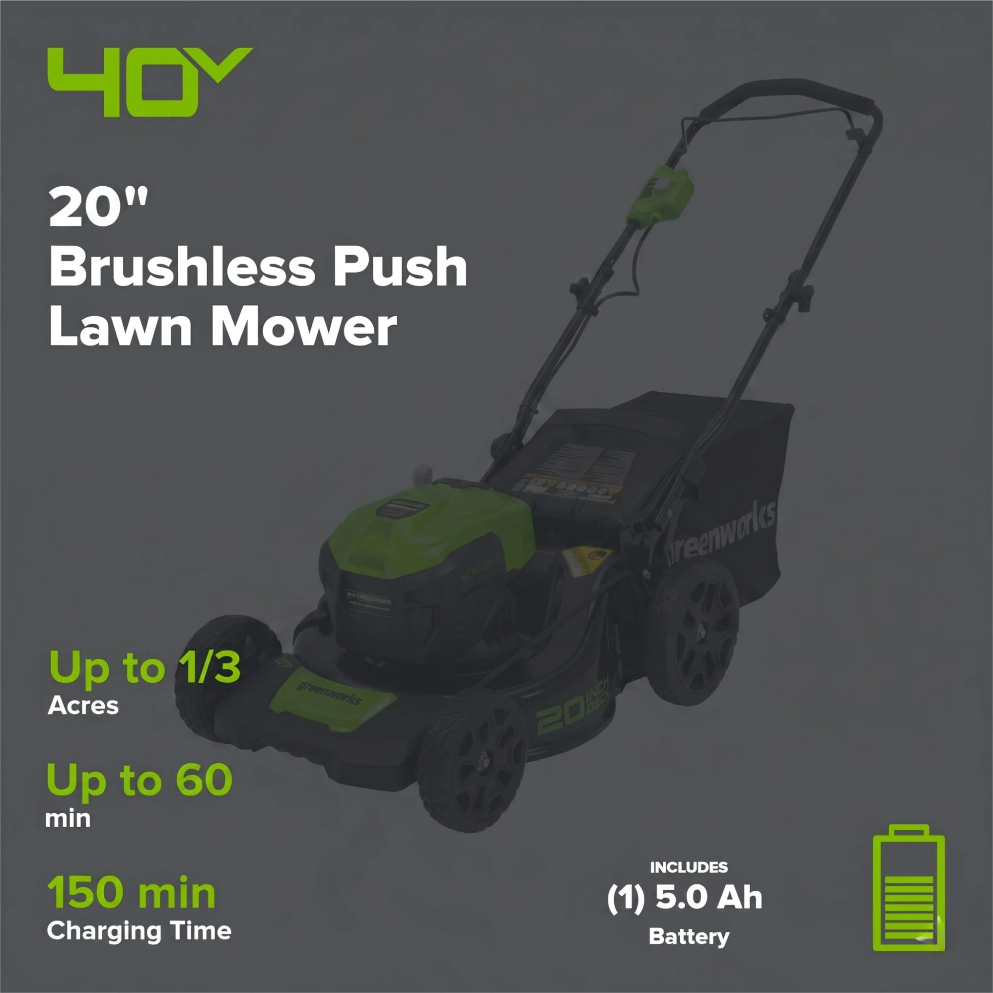 40V 20" Cordless Battery Push Lawn Mower 3PC Combo Kit, (1) 5.0Ah Battery: (1) 2.0 Ah Battery and (2) Chargers - Image 2