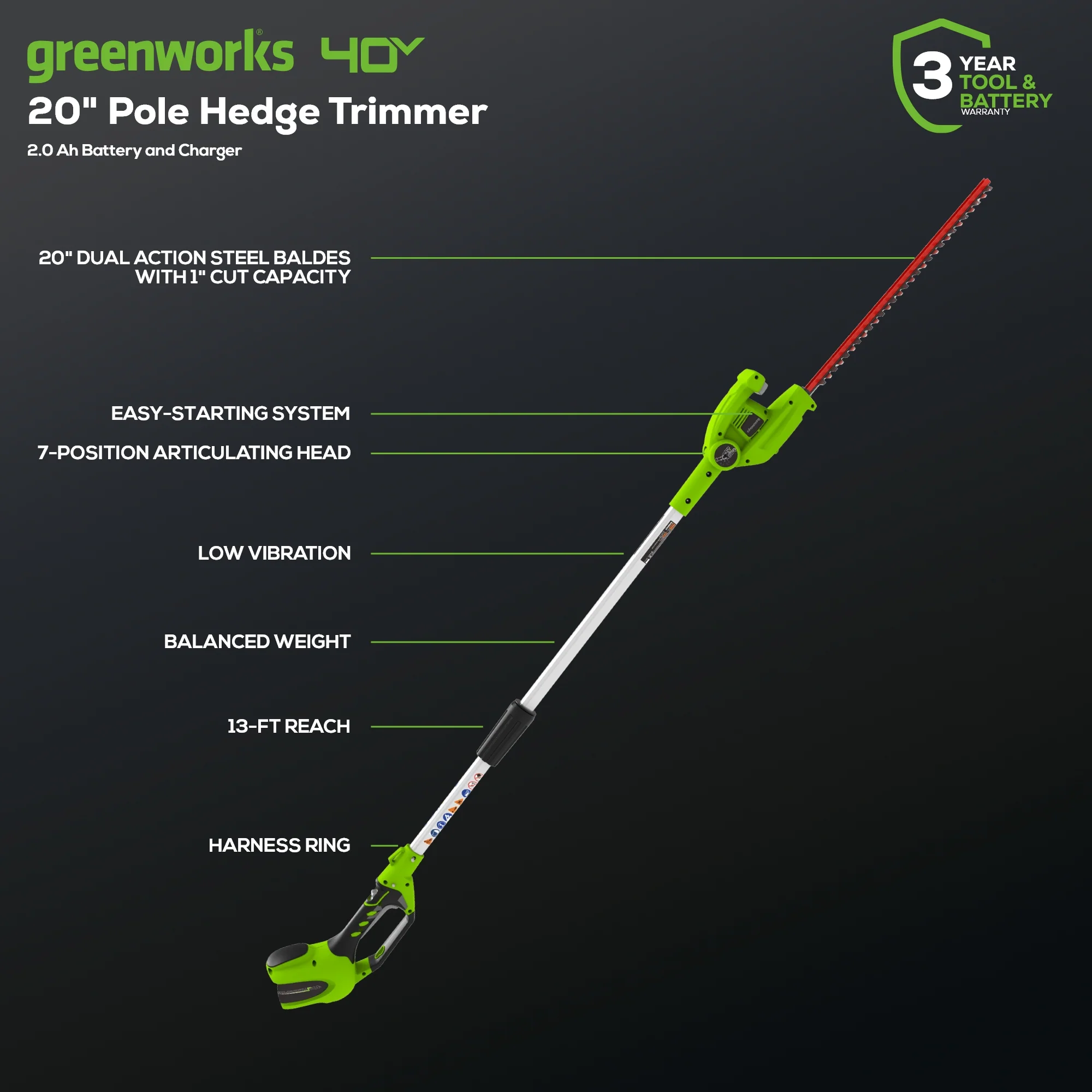 40V 20" Cordless Battery Pole Hedge Trimmer w/ 2.0 Ah Battery & Charger - Image 2