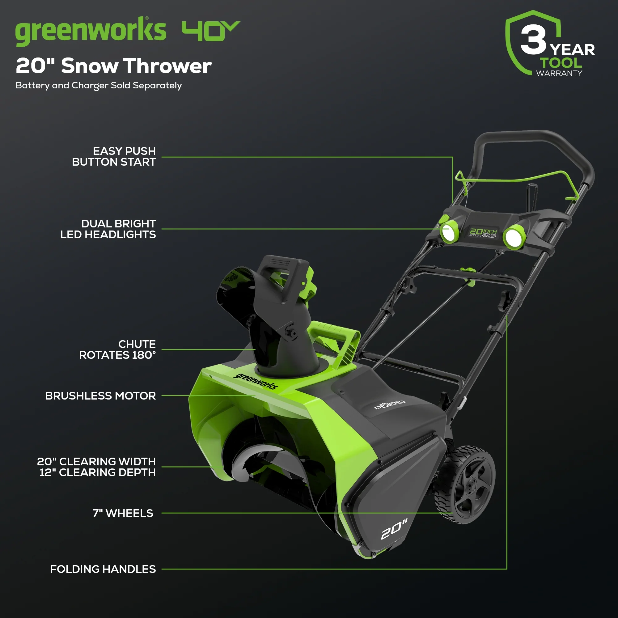 40V 20" Cordless Battery Single-Stage Snow Blower (Tool Only) - Image 2