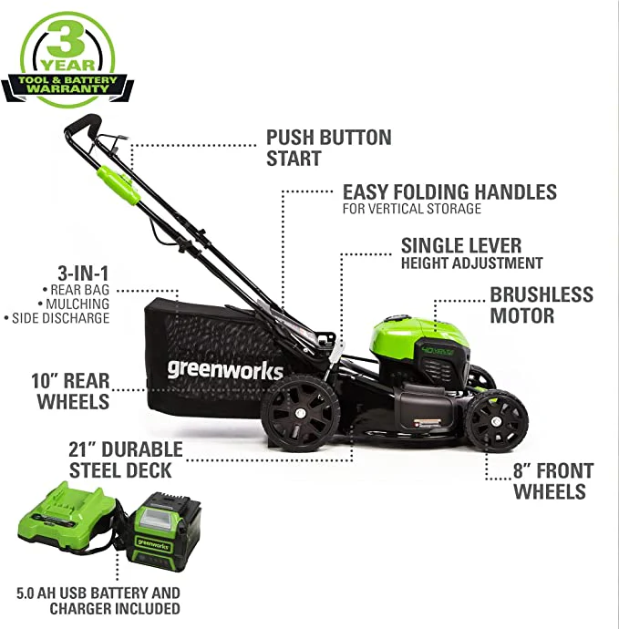 40V 21" Cordless Battery Brushless Push Lawn Mower: 5.0 Ah USB Battery and Charger - Image 3