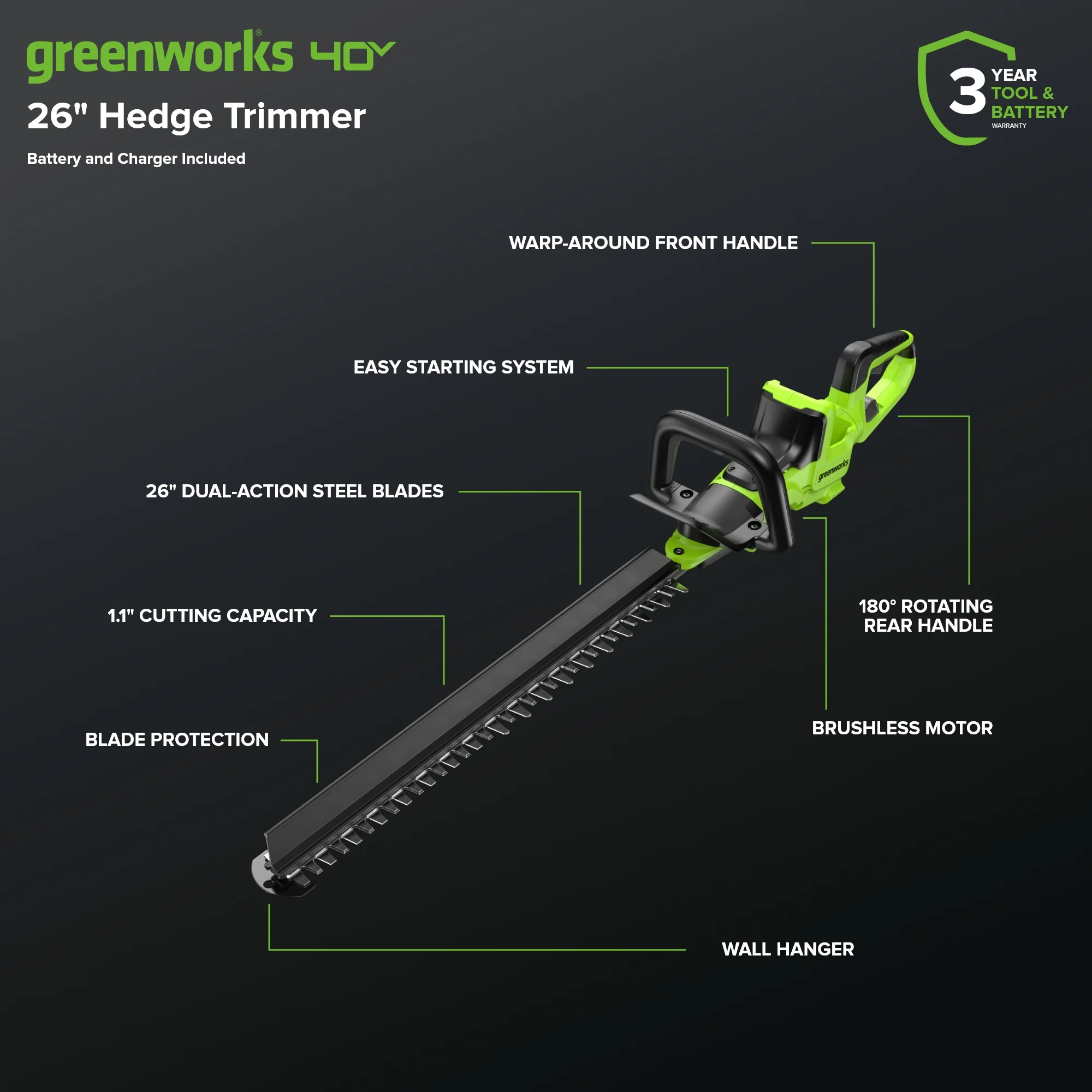 40V 26" Cordless Battery Hedge Trimmer: 2.0 Ah Battery and Charger - Image 2