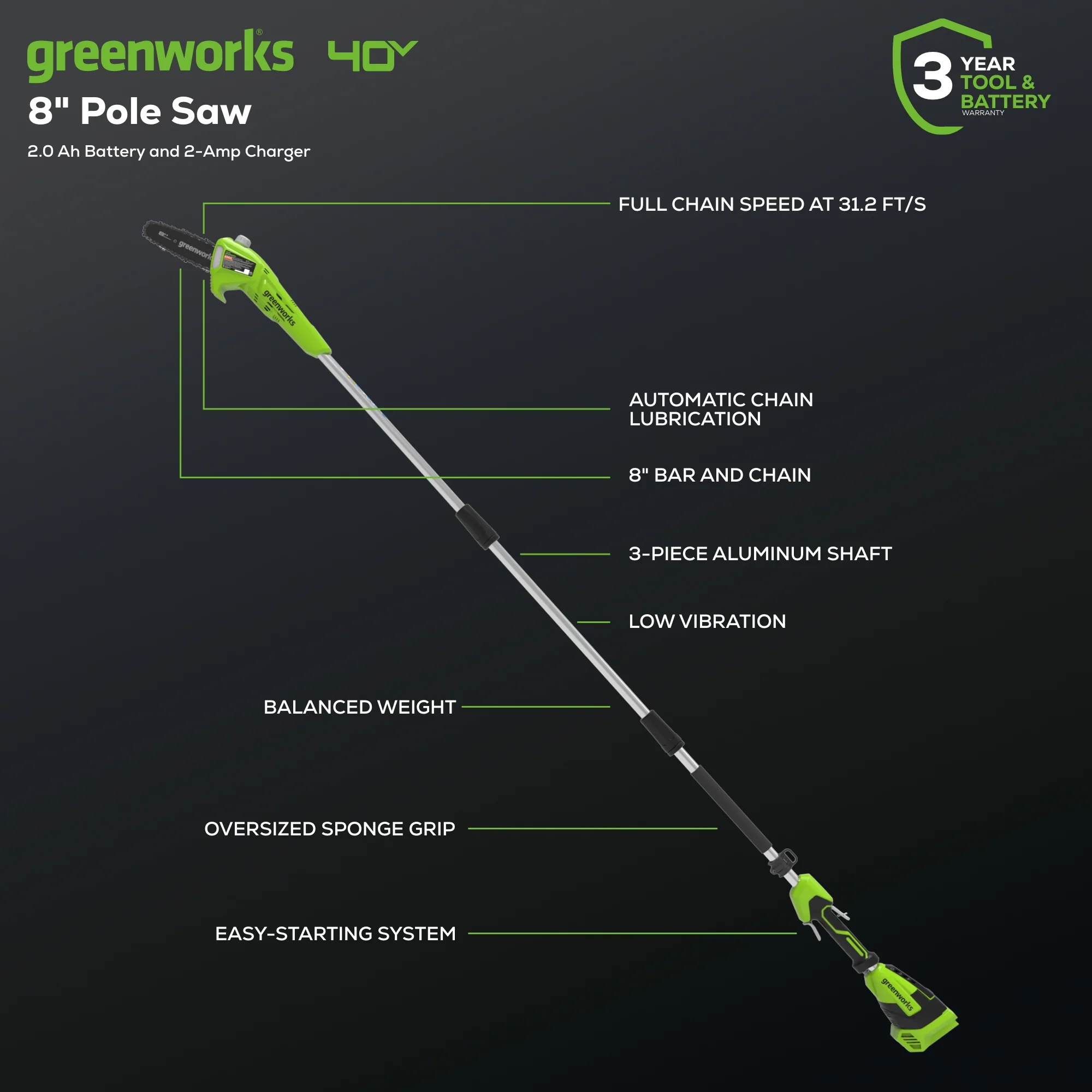 40V 8" Cordless Battery Pole Saw: 2.0 Ah Battery and Charger - Image 2