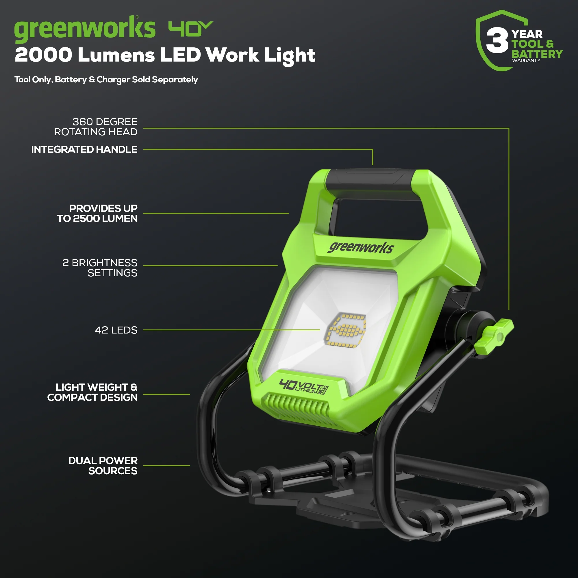 40V AC/DC 2000 Lumen LED Work Light (Tool Only) - Image 2