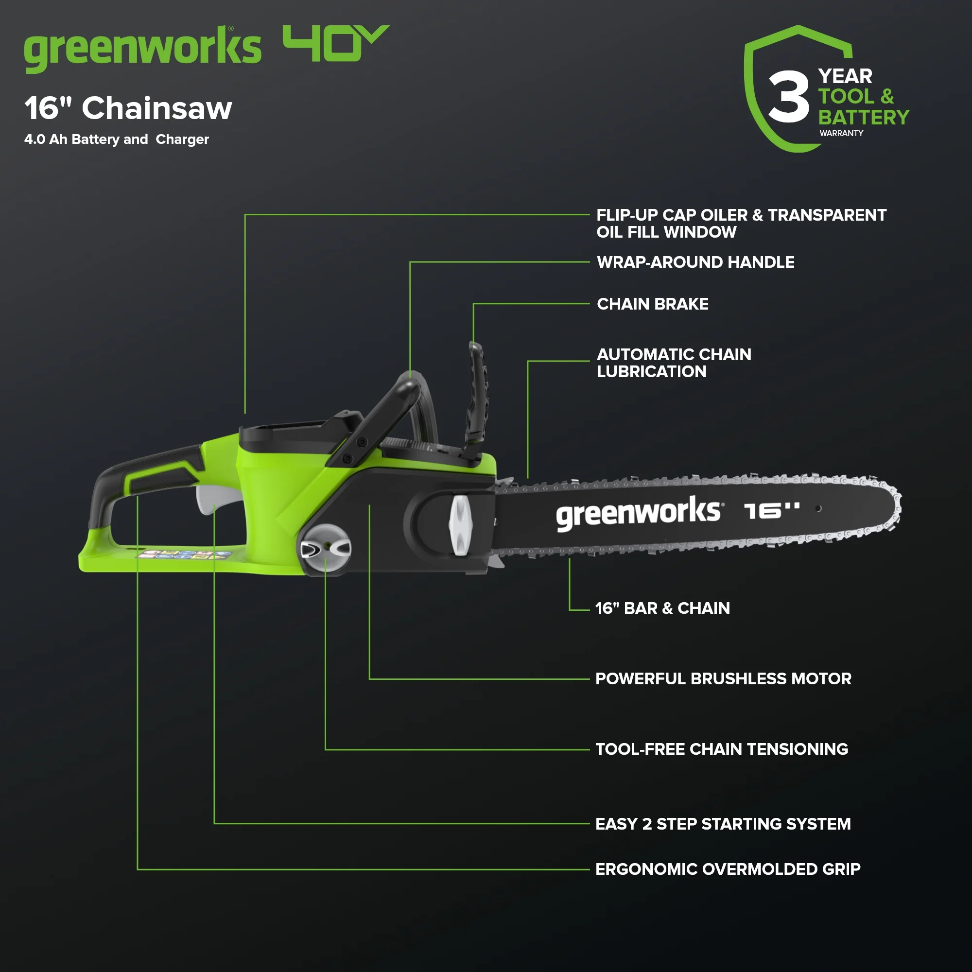 40V 16" Brushless Cordless Chainsaw w/ 4.0Ah Battery & Charger - Image 3