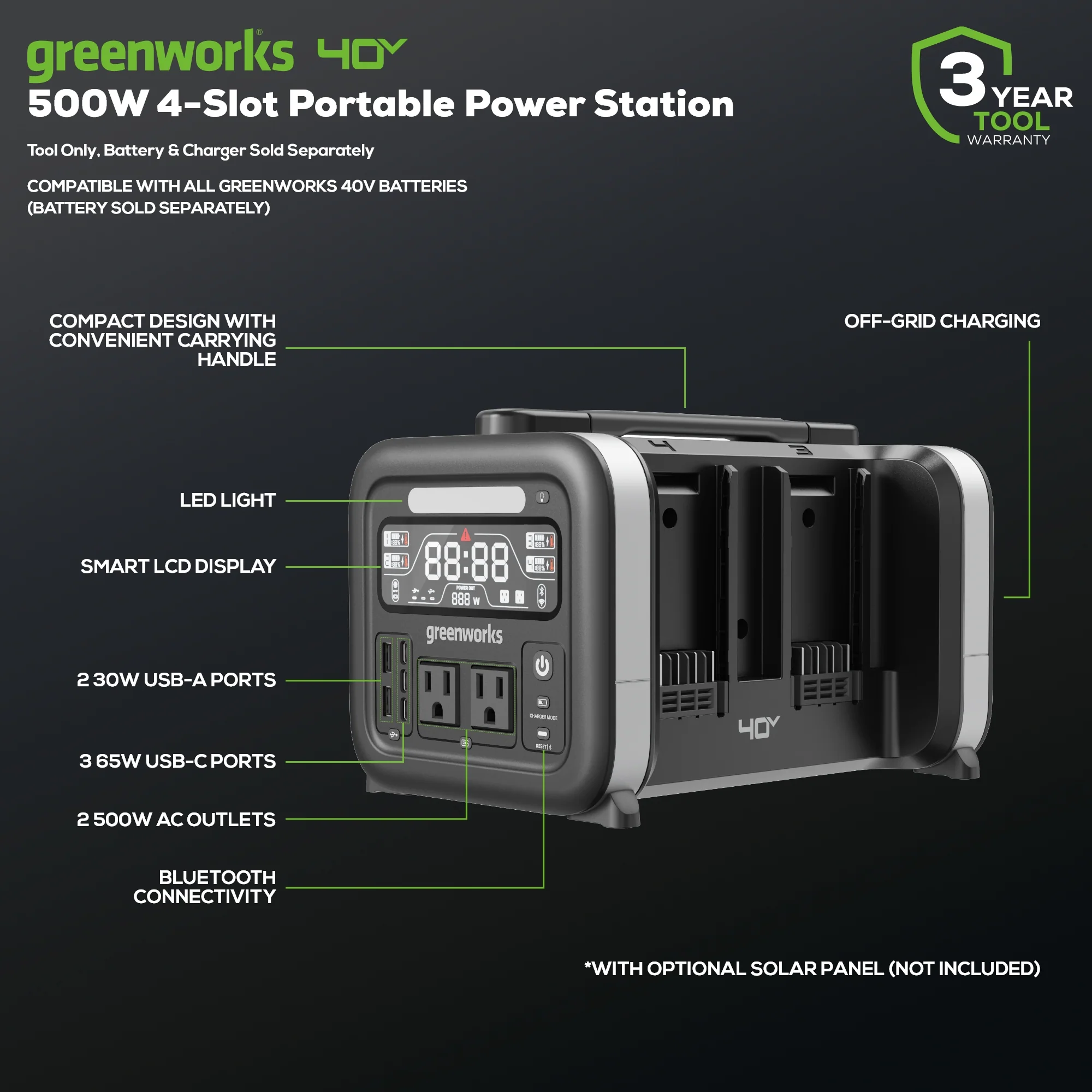 40V 500W 4-Slot Inverter Portable Power Station (Tool Only) - Image 2