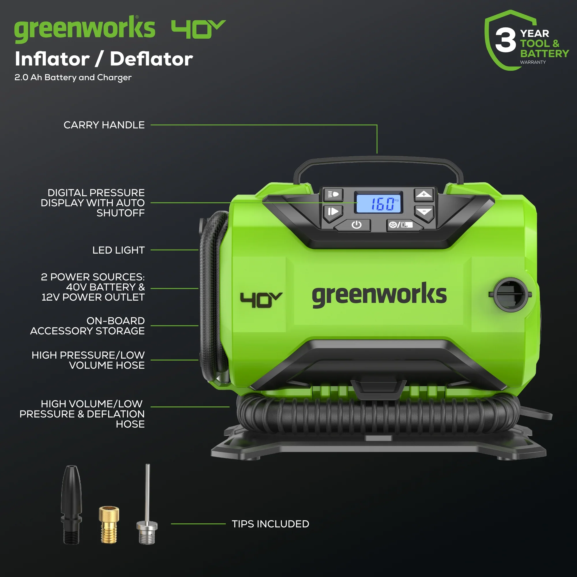 40V Cordless Battery Inflator: 2.0 Ah Battery and Charger - Image 2