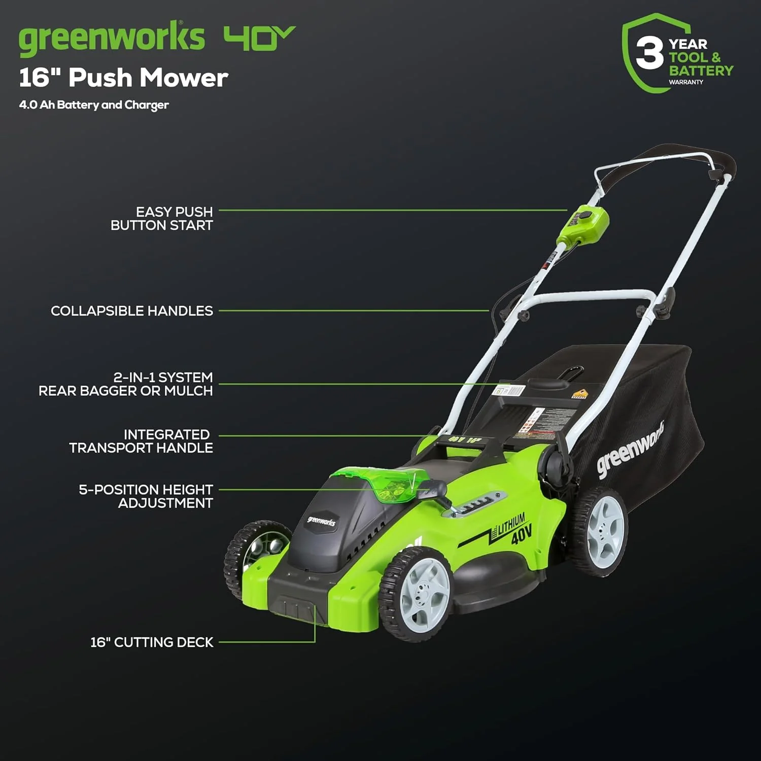 40V 16" Cordless Battery Push Lawn Mower w/ 4.0Ah Battery & Charger - Image 3