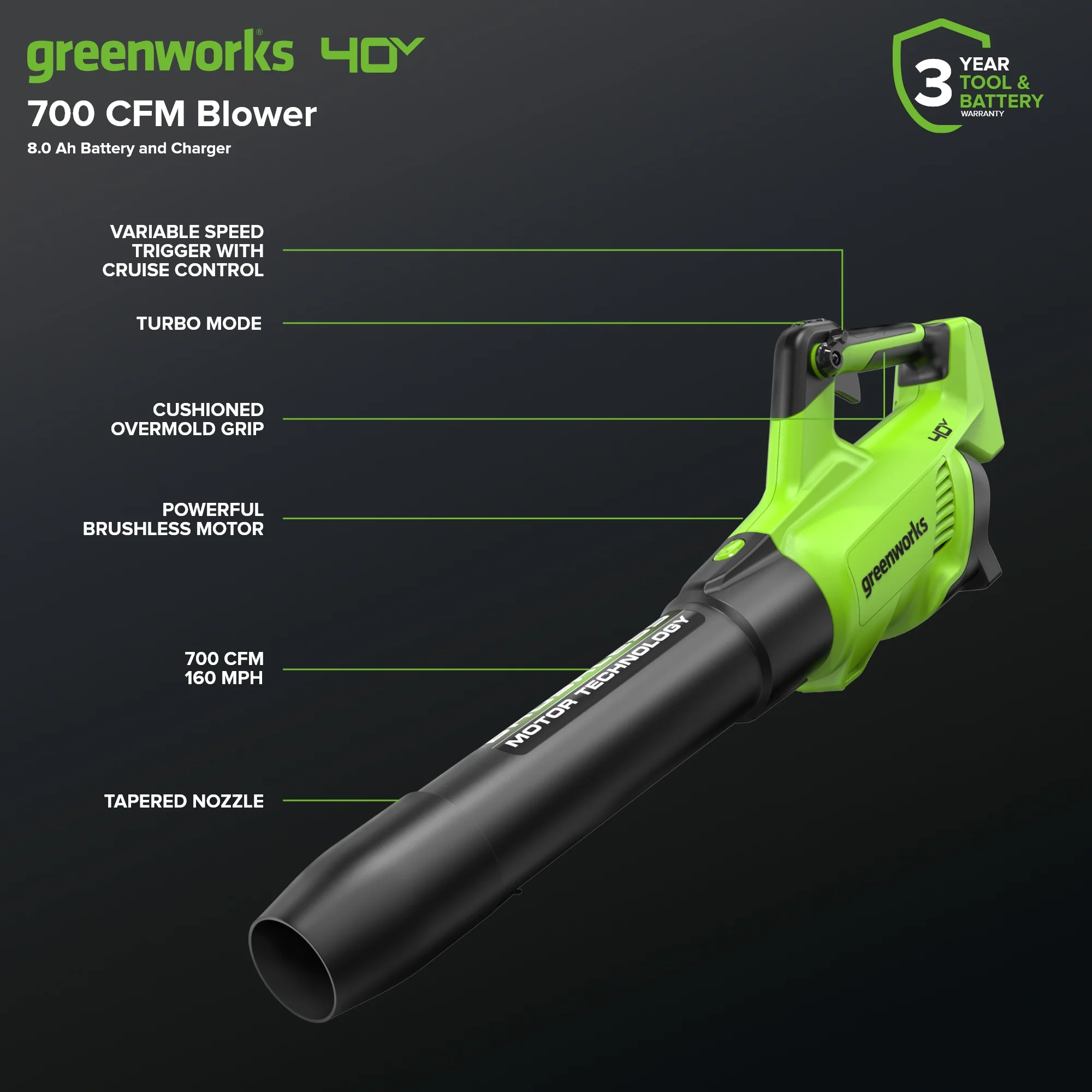 40V Gen 2.5 700 CFM Cordless Battery Brushless Leaf Blower, 8.0 Ah Battery and Charger - Image 2