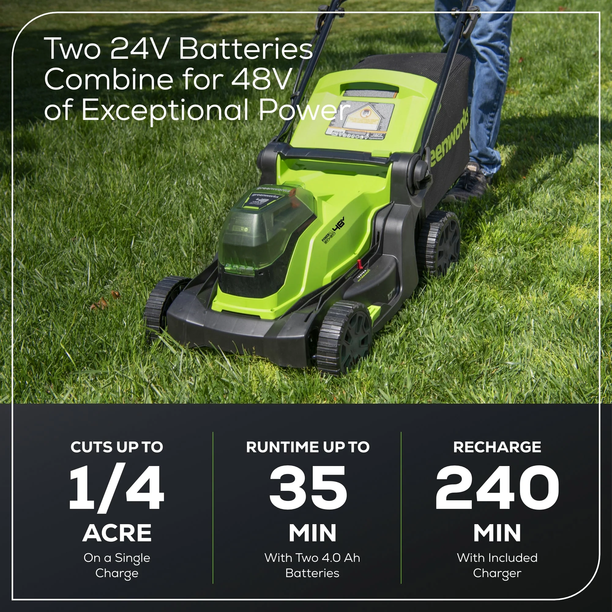 48V (24V x 2) 17" Cordless Battery Push Lawn Mower: (2) 4.0 Ah Batteries and Dual-Port Charger - Image 4