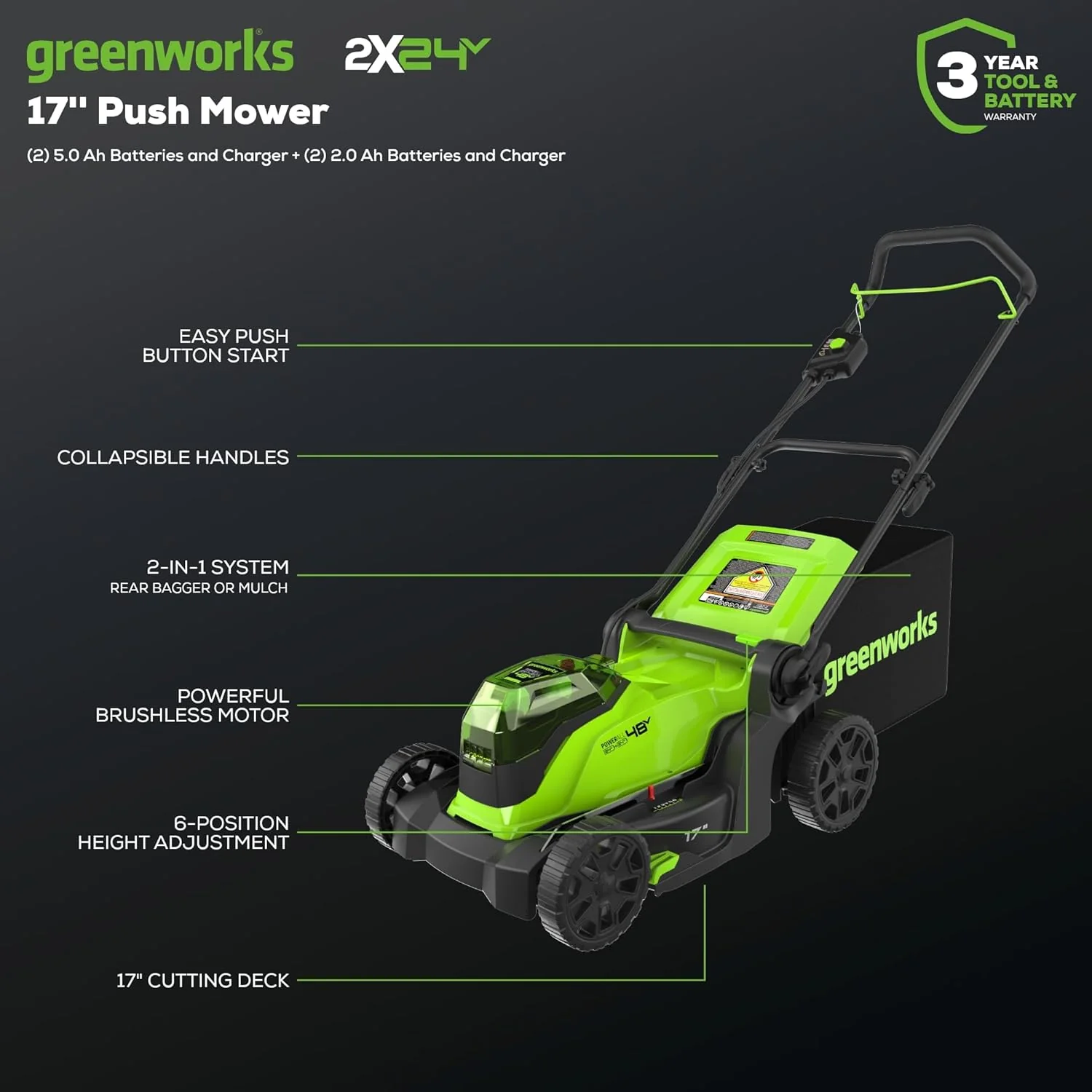 48V (24V x 2) 17" Lawn Mower 4-pc Combo Kit: (2) 4.0 Ah Batteries and (2) 2.0 Ah Batteries and 2A Dual-Port Charger - Image 3