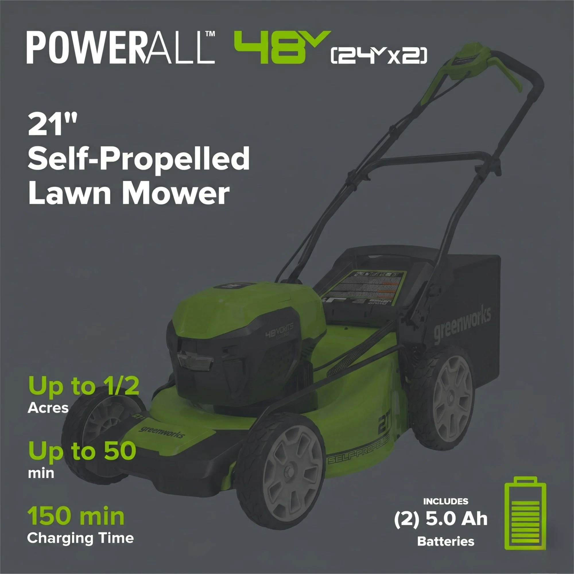 48V (24V x 2) 21" Cordless Battery Self-Propelled Mower 3PC Combo Kit: (2) 5.0Ah Batteries,(1) 2.0 Ah Battery,(1) Dual-Port Rapid Charger and (1) 2A Charger - Image 2