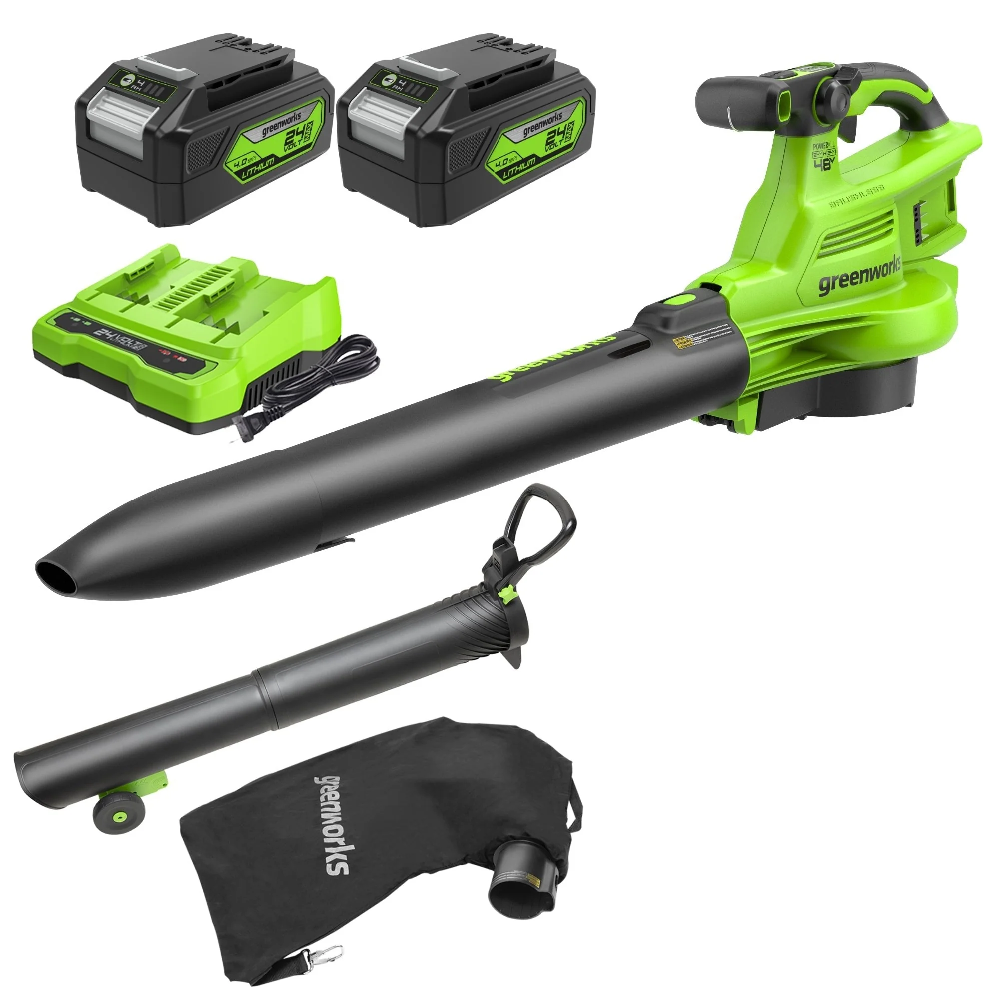 48V (24V x 2) 520 CFM Cordless Battery BL Leaf Blower/Vacuum: (2) 4.0 Ah Battery and Dual-Port Charger
