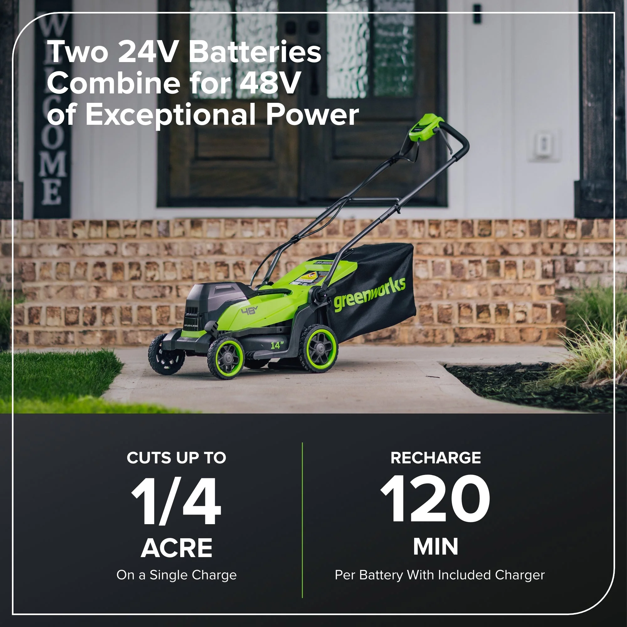 48V (24V x 2) 14" Cordless Battery Brushless Push Lawn Mower: (2) 4.0 Ah Battery and 2A Dual-port Charger - Image 4