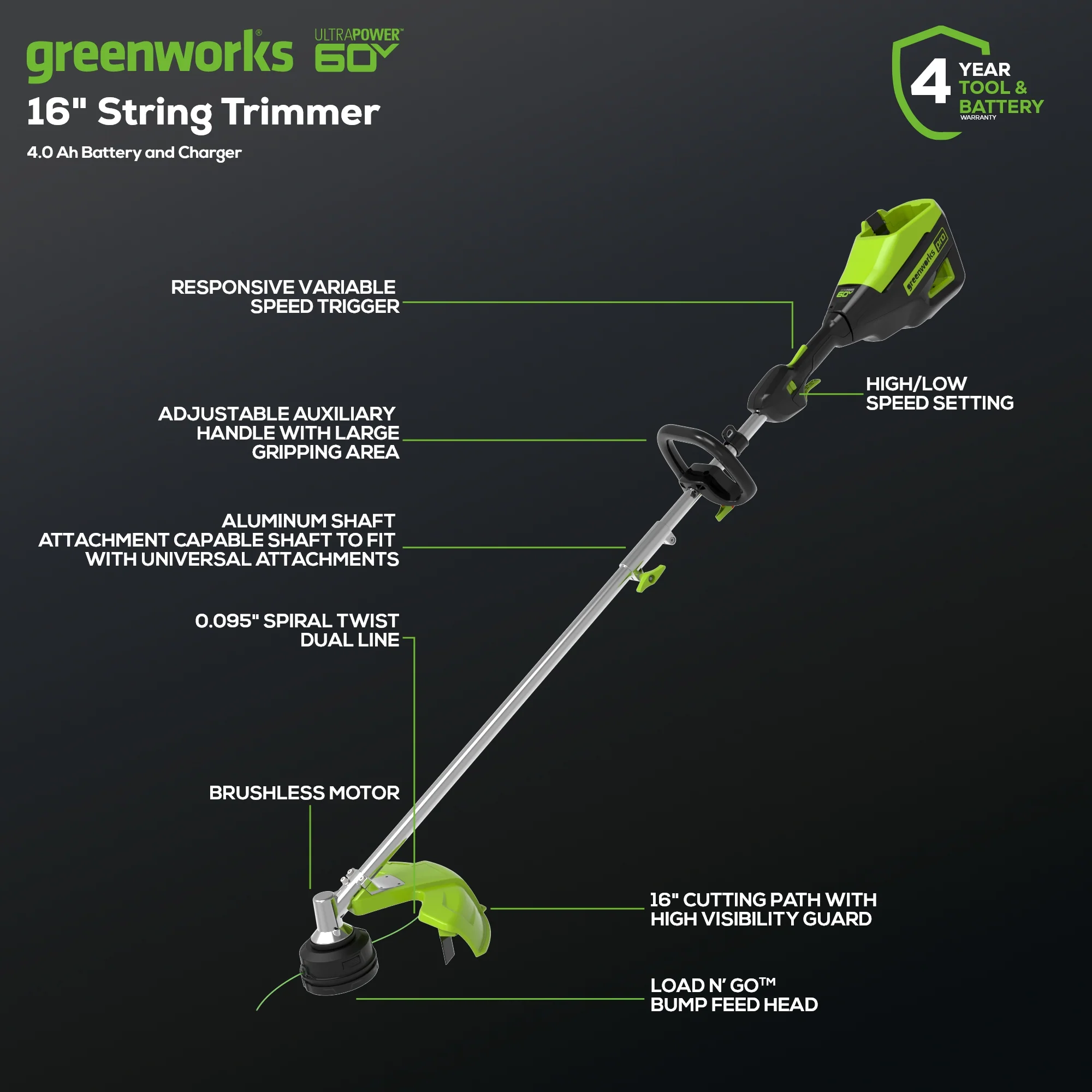 60V 16" Cordless Battery String Trimmer (Attachment Capable) and 16" Hedge Trimmer Attachment Combo Kit: 4.0 Ah Battery and Charger - Image 2