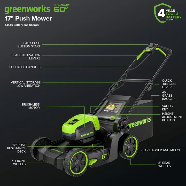 60V 17" Cordless Battery Push Lawn Mower: 4.0 Ah Battery and Charger - Image 3