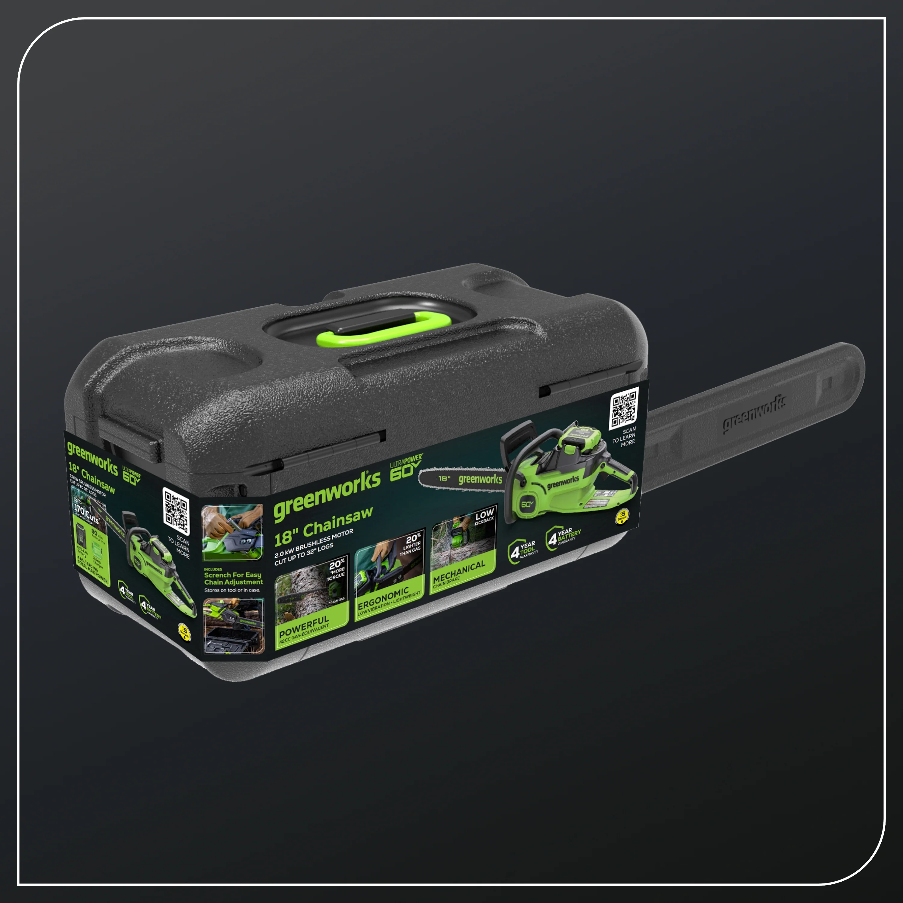60V 18"Cordless Battery 2.0 kW Chainsaw and Hard Case, 4Ah Battery and Charger - Image 12