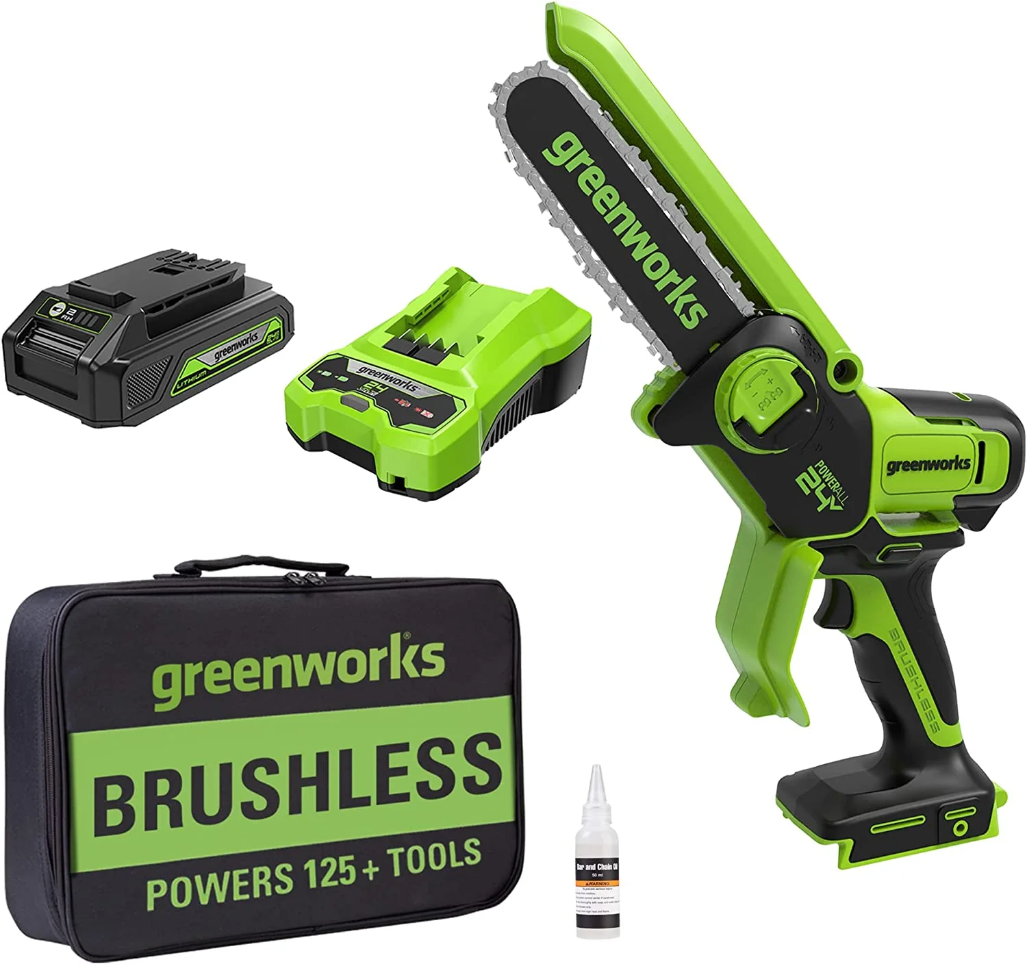 60V 18" Cordless Battery 2.0 kW Chainsaw and 24V 6" Pruner Saw, (1) 4.0 Ah Battery: (1) 2.0 Ah Battery and (2) Chargers - Image 3
