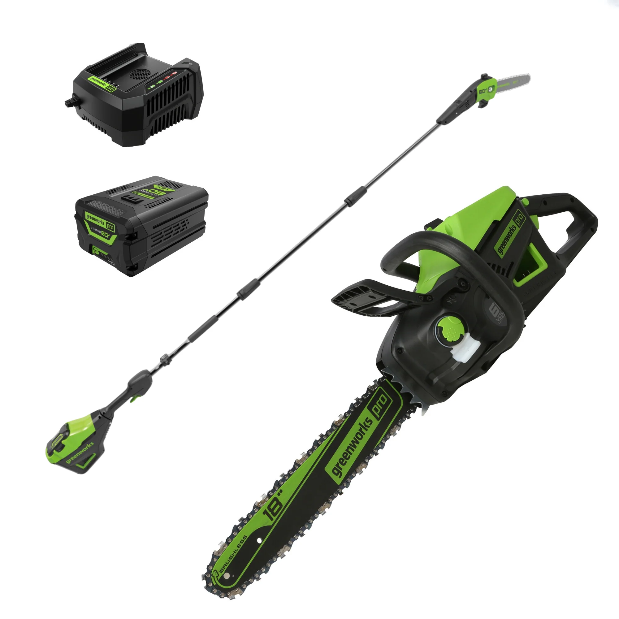 60V 18" Cordless Battery 2.0 kW Chainsaw and 10" Pole Saw Combo Kit: 4.0 Ah Battery and Charger