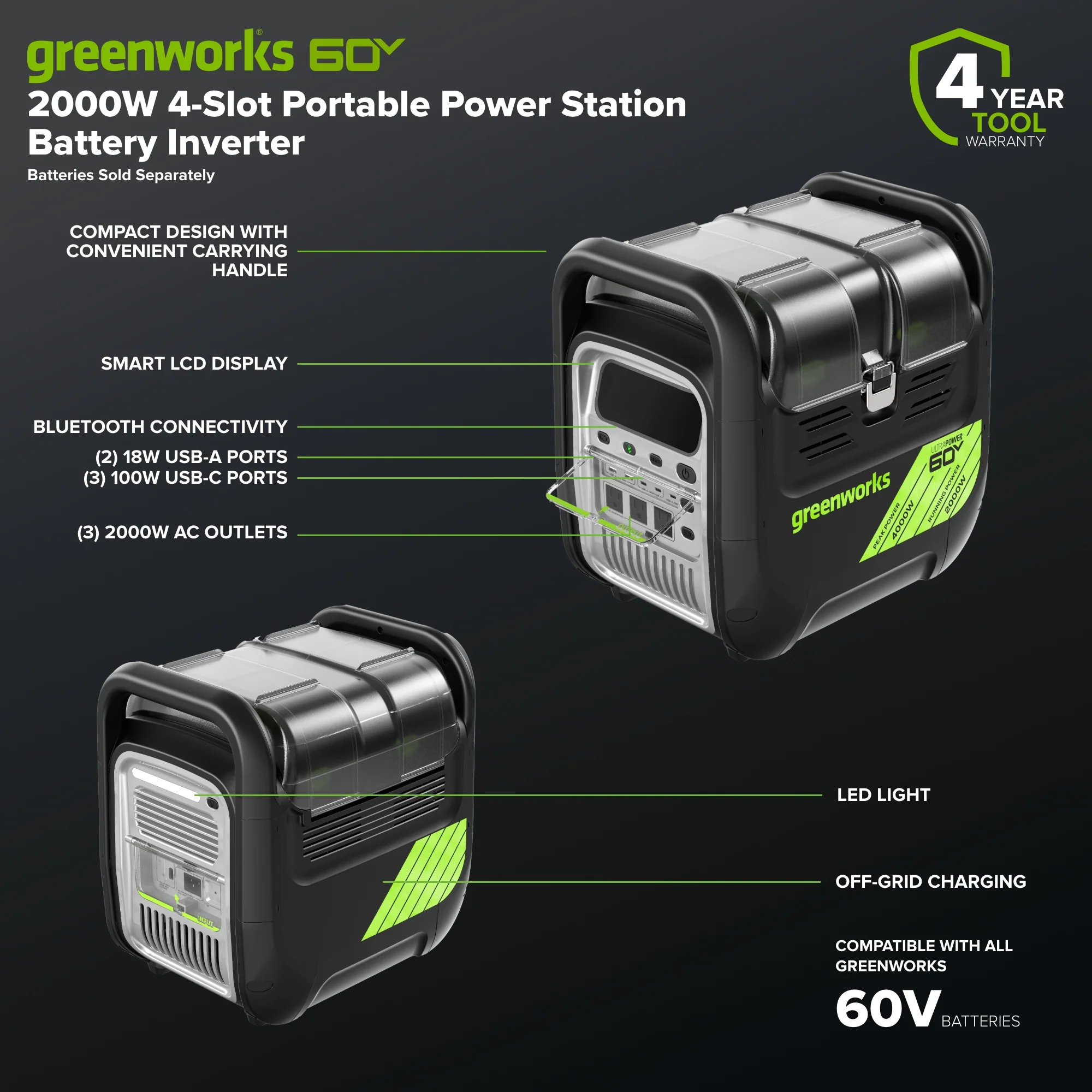 60V 2000W 4-Slot Inverter Portable Power Station (Tool Only) - Image 3