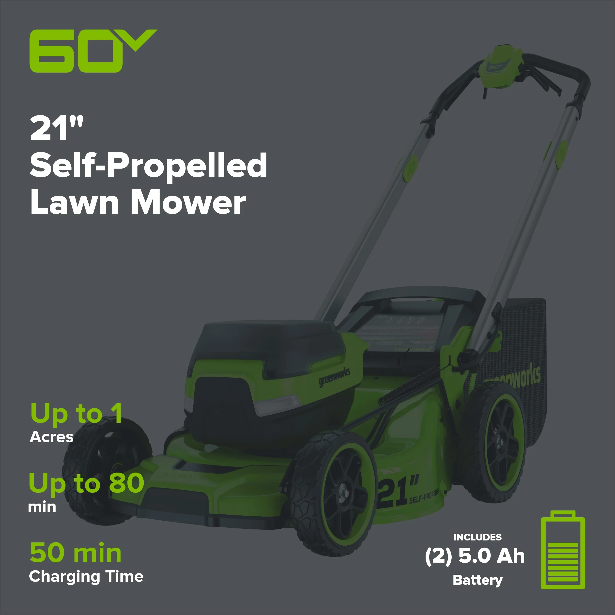 60V 21" Cordless Battery Self-Propelled Mower: (2) 5Ah Battery and 6A Rapid Charger - Image 2