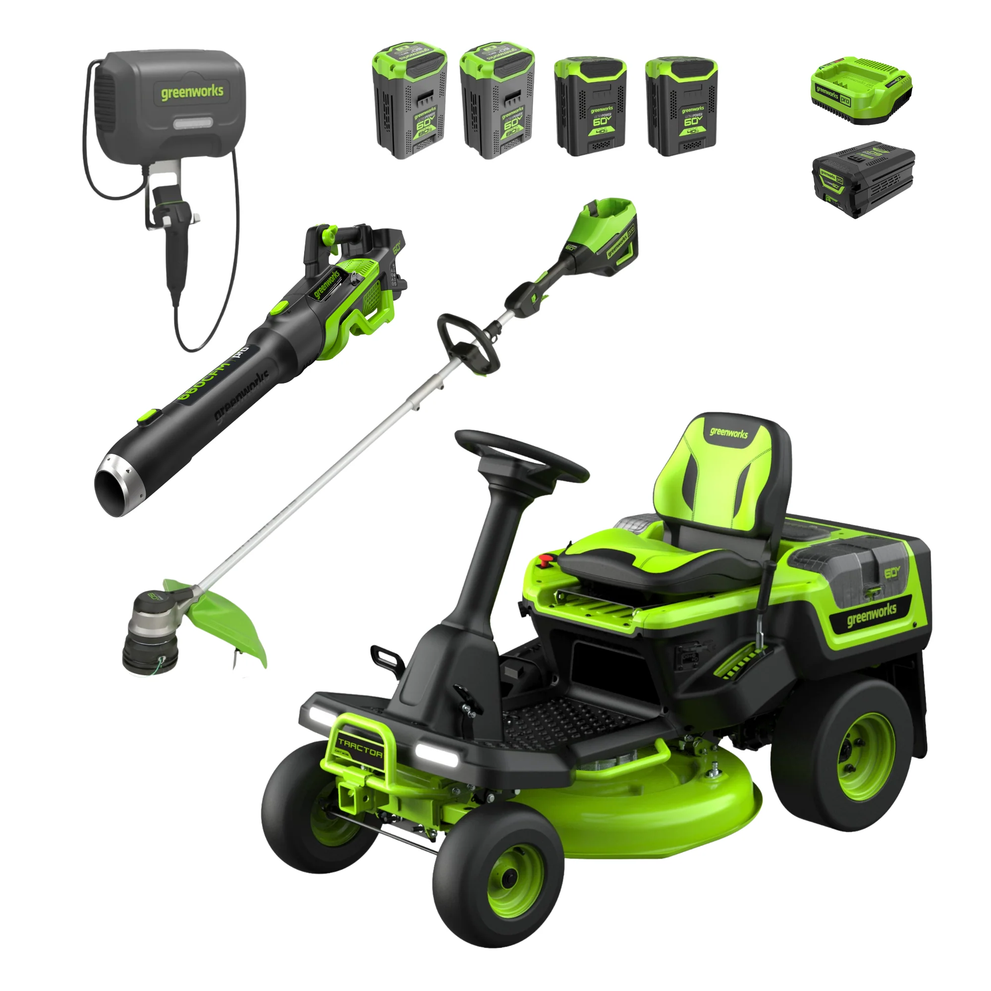 60V 30" CrossoverT Riding Lawn Tractor 3PC Combo Kit, Two 8.0 Ah Batteries, Two 4.0 Ah Batteries, One 2.5 Ah Battery and Two Chargers