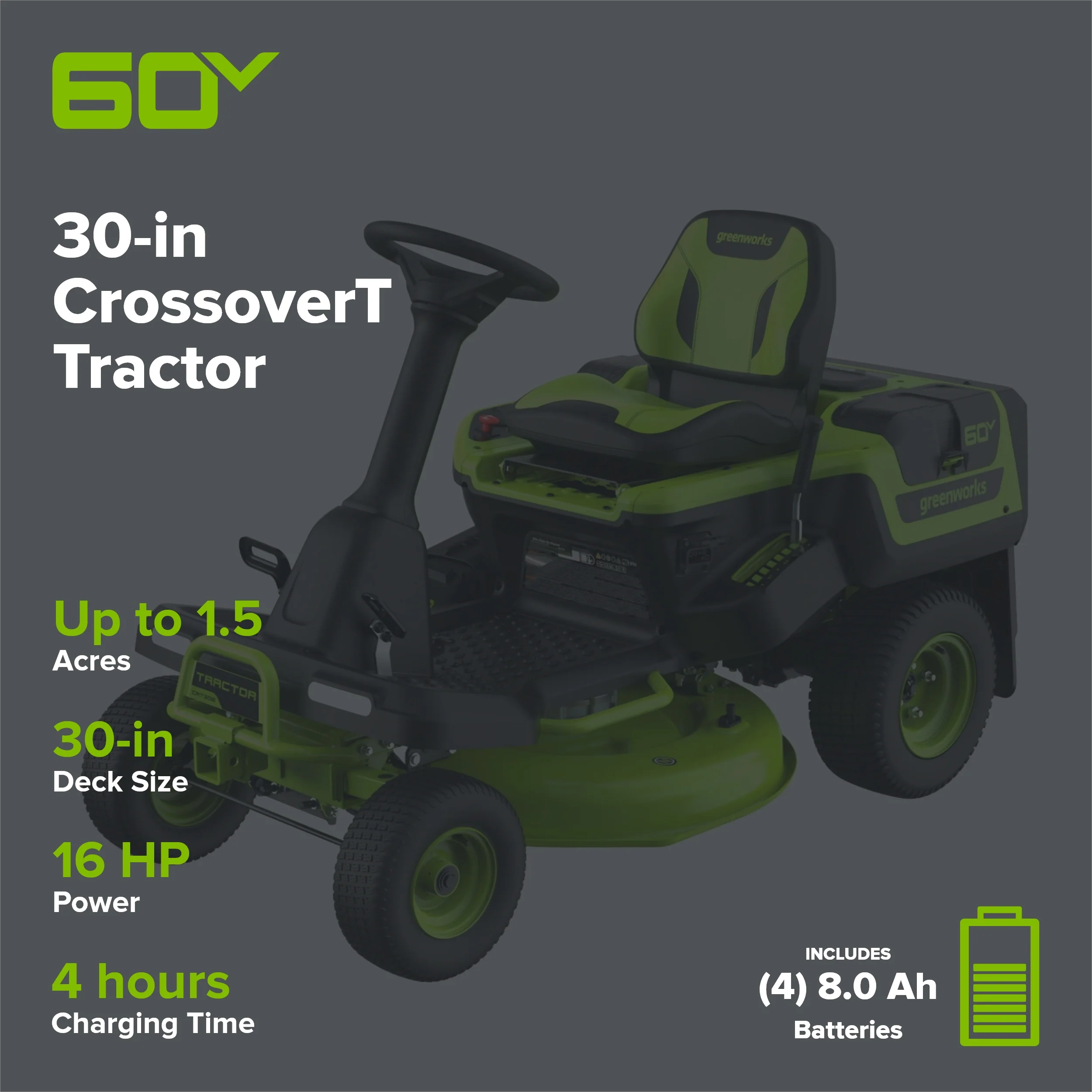 60V 30" CrossoverT Riding Lawn Tractor with (4) 8.0 Ah Batteries and 600-Watt Charger - Image 2