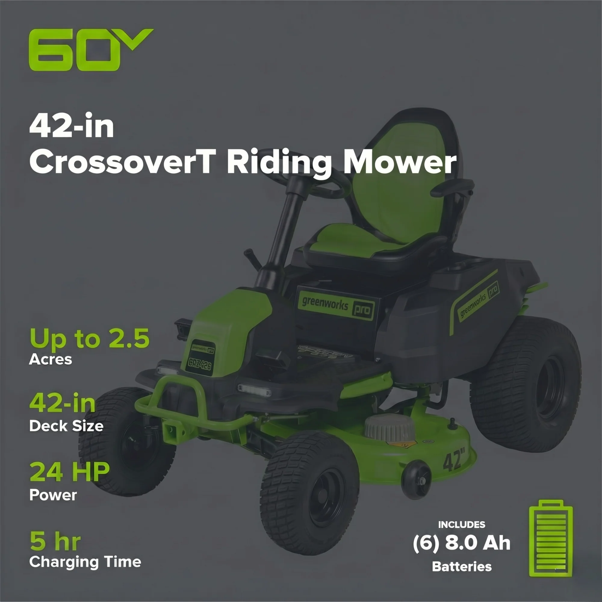 60V 42" Cordless Battery CrossoverT Riding Lawn Mower, (6) 8.0 Ah Batteries and 600W Wall Charger - Image 2