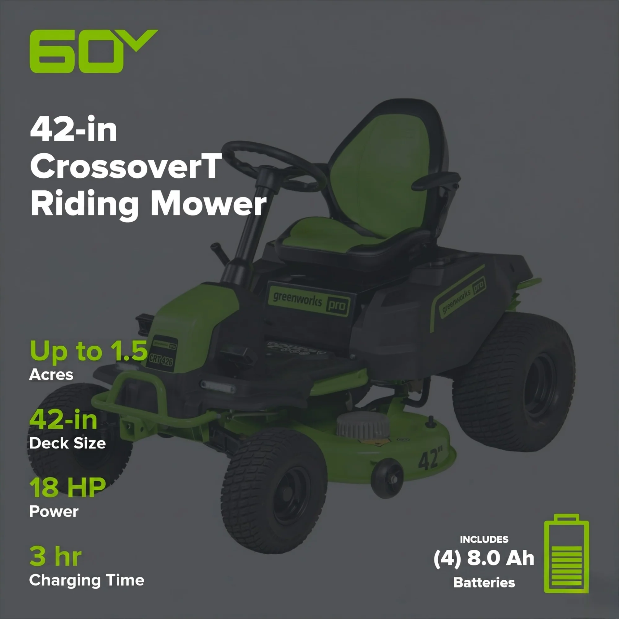 60V 42" Cordless Battery CrossoverT Riding Lawn Mower, (4) 8.0 Ah Batteries and 600W Wall Charger - Image 2