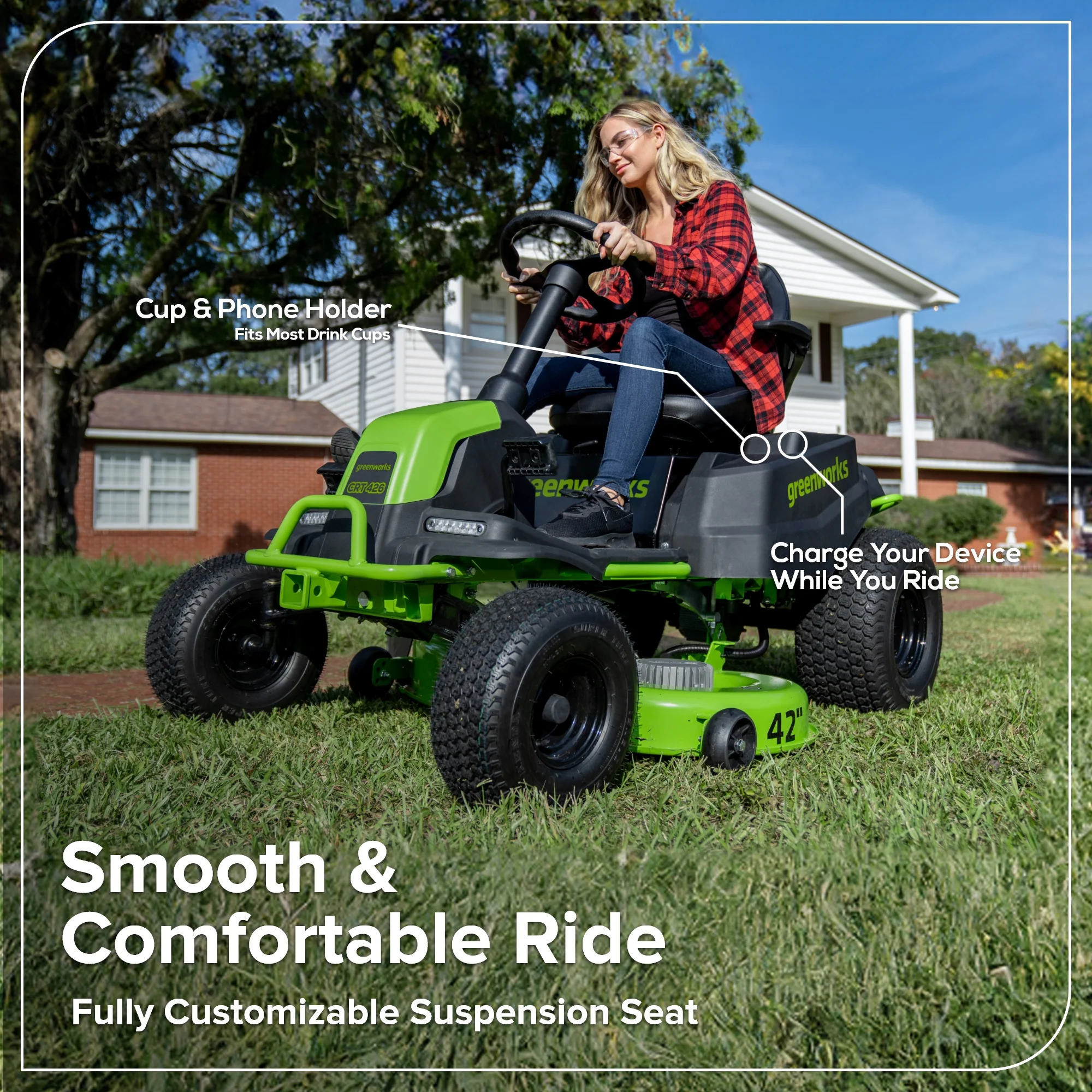 60V 42" Cordless Battery CrossoverT Riding Lawn Mower, (4) 8.0 Ah Batteries and 600W Wall Charger - Image 9