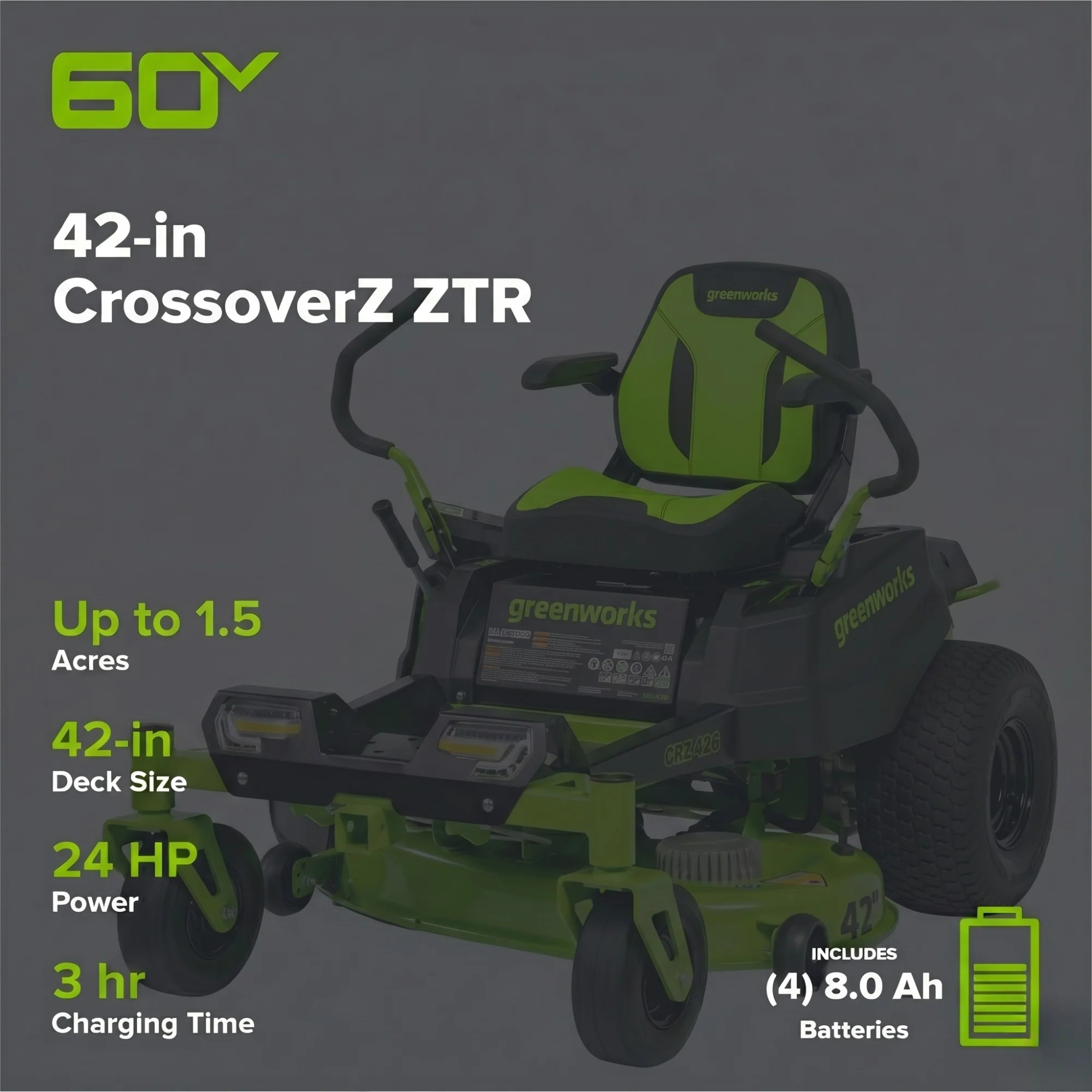 60V 42" Electric CrossoverZ Zero Turn Mower: (4) 8 Ah Batteries and 600W Wall Charger - Image 2