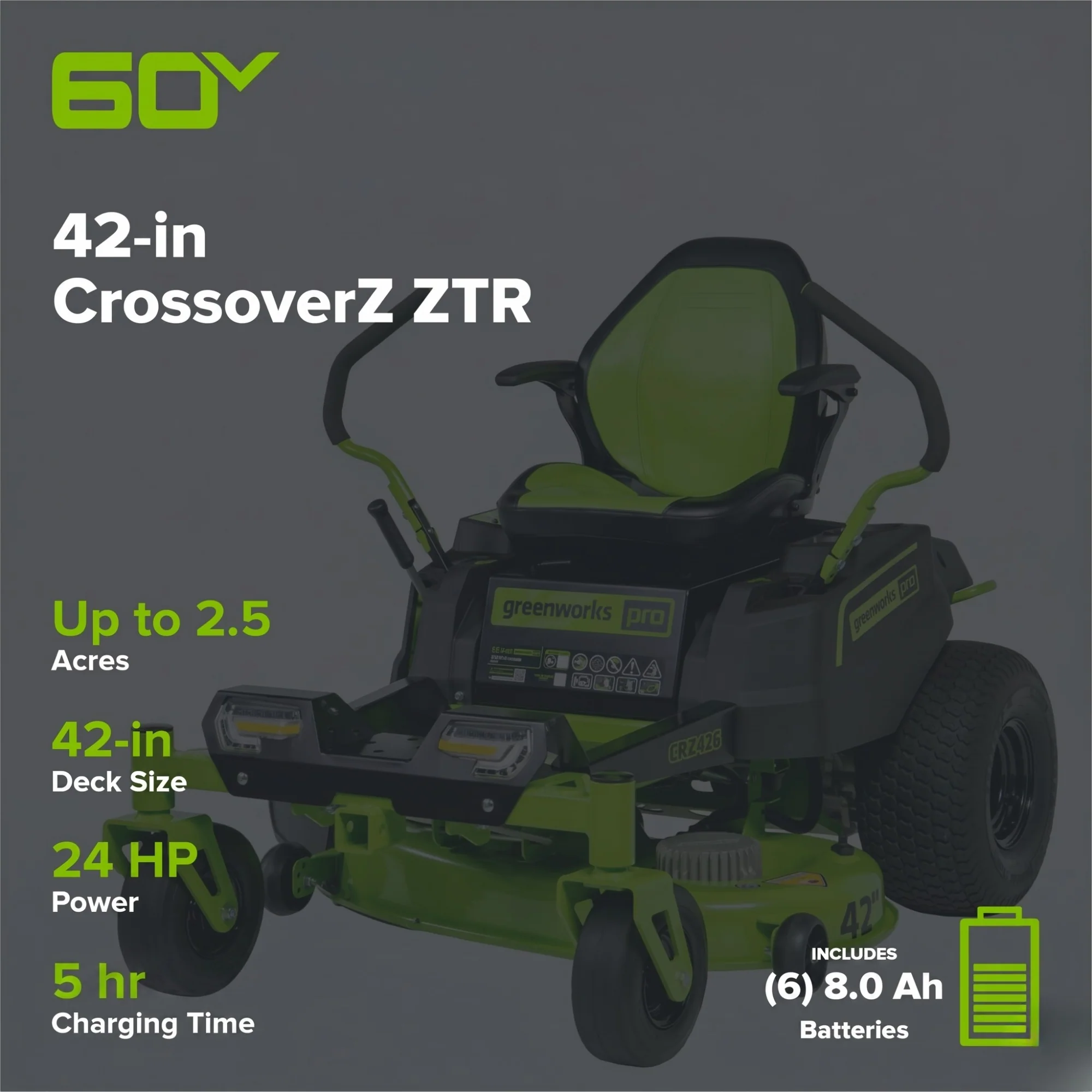 60V 42" Electric CrossoverZ Zero Turn Mower: (6) 8 Ah Batteries and 600W Wall Charger - Image 2