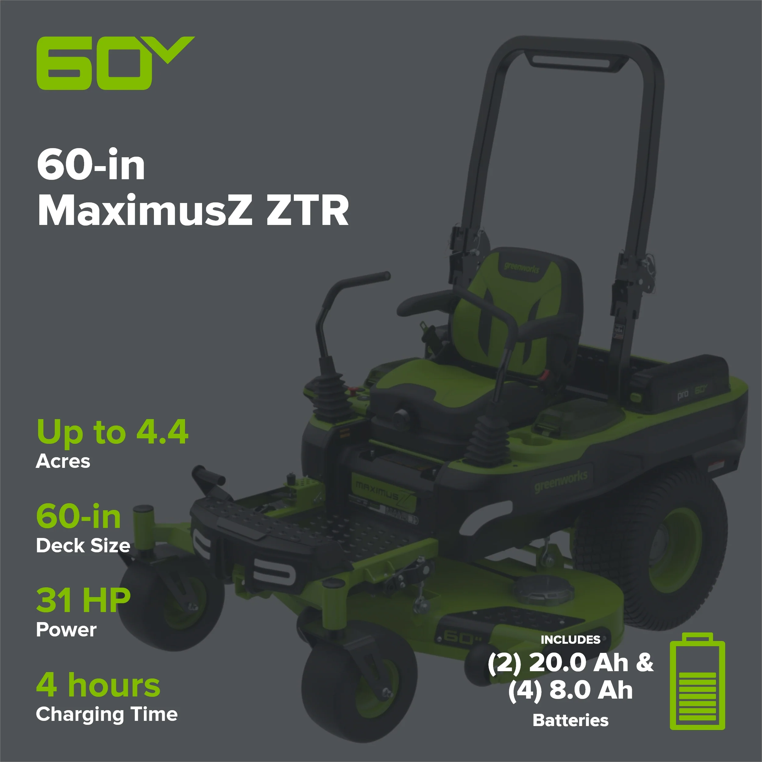 60V 60" MaximusZ Zero Turn: (2) 20.0 Ah, (4) 8.0 Ah Batteries and 1.5kW Charger - Image 2
