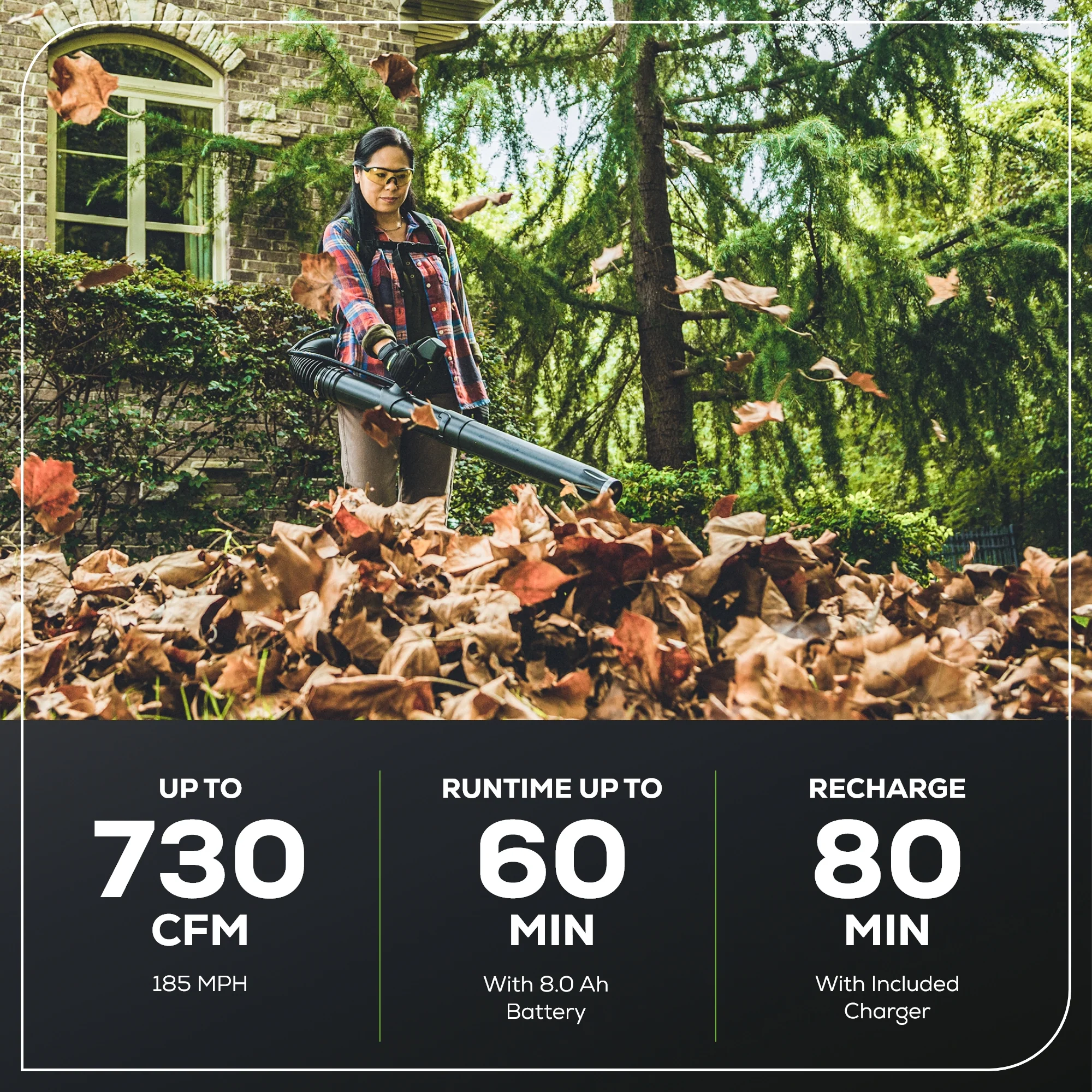 60V 730 CFM Cordless Battery Brushless Backpack Blower, 8.0 Ah Battery and Charger - Image 3