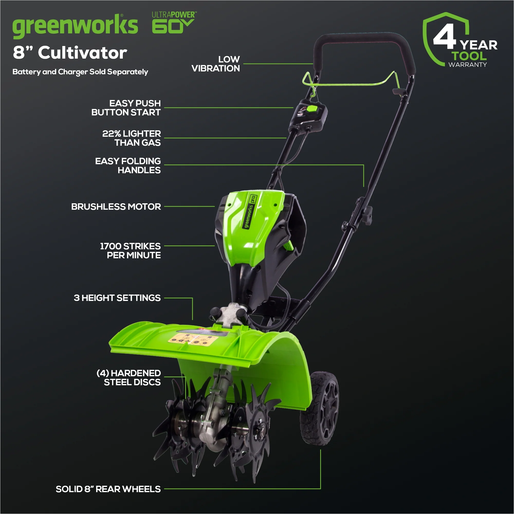 60V 8" Cordless Battery Cultivator / Tiller (Tool Only) - Image 2
