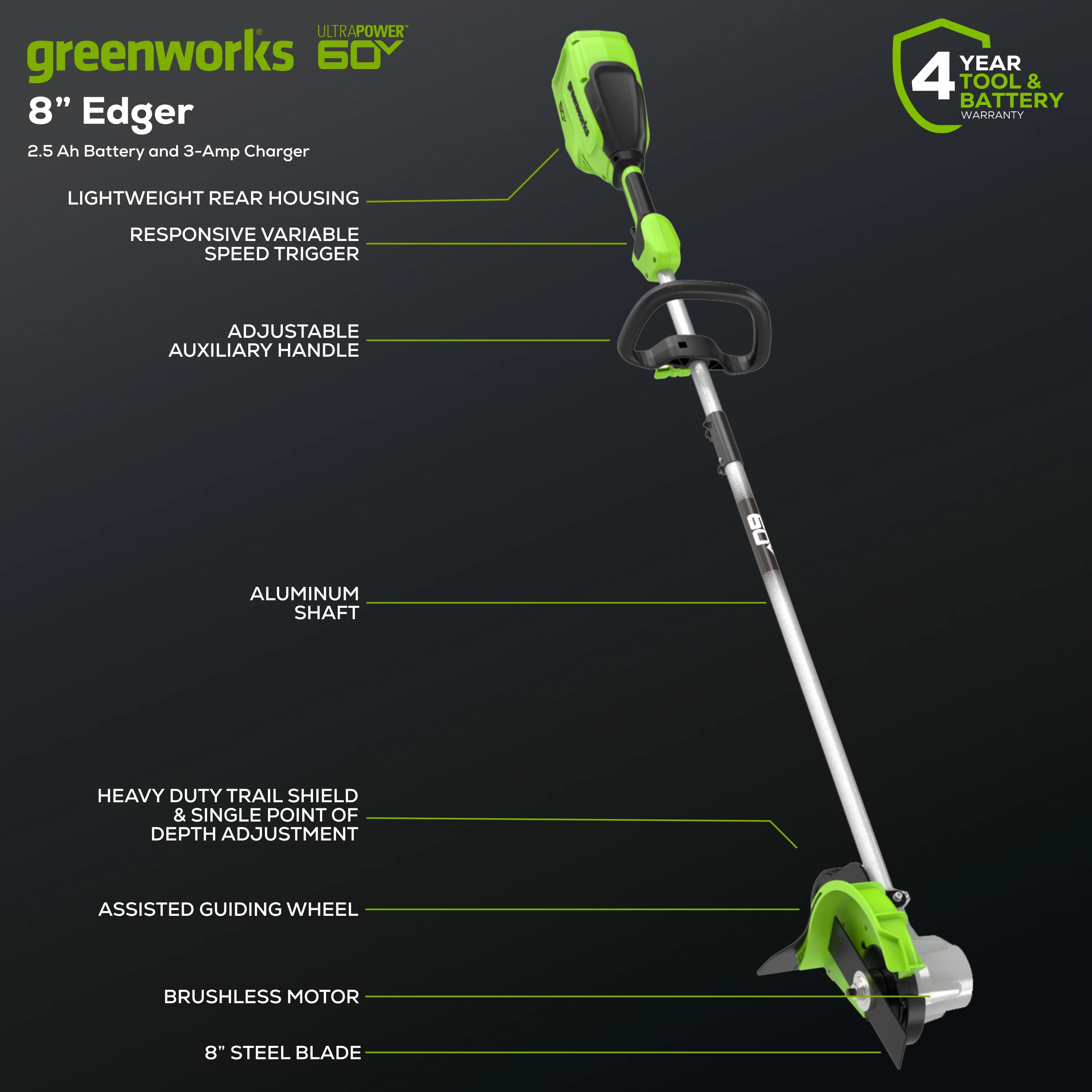 60V 8" Cordless Battery Edger: 2.5 Ah Battery and 3A Charger - Image 2