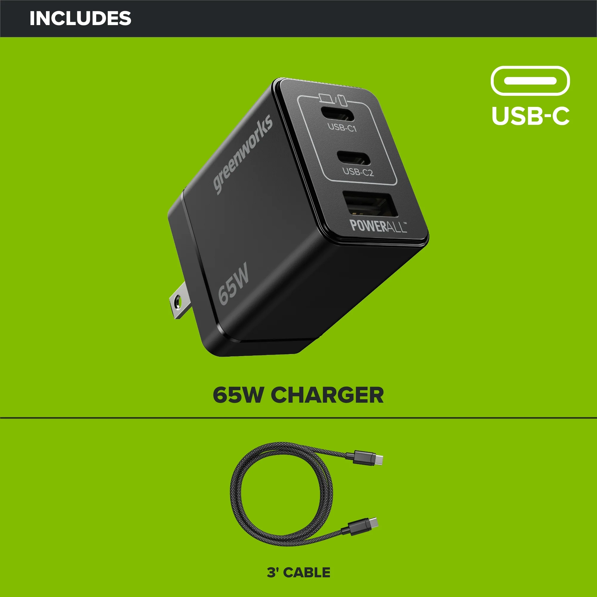 24V PowerAll Charger Set with 65W USB-C Charger Block and (1) 3' 100W USB-C Cable - Image 2