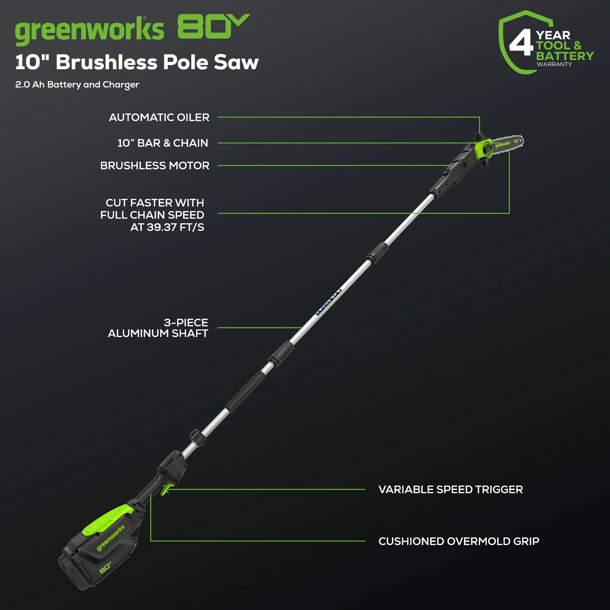 80V Pro 10" Cordless Battery Pole Saw: 2.0 Ah Battery and Charger - Image 2