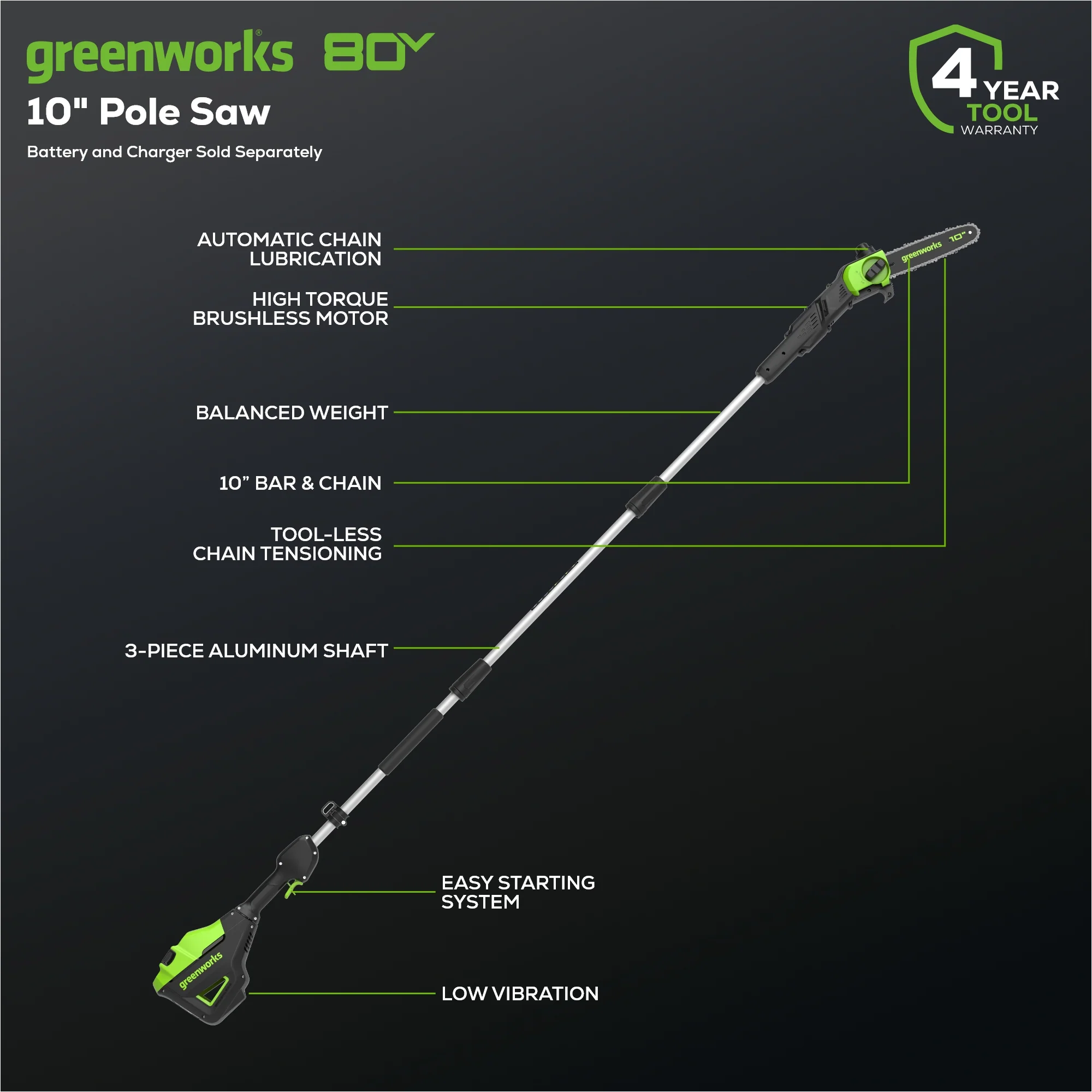 80V 10" Gen2 Cordless Battery Pole Saw (Tool Only) - Image 2