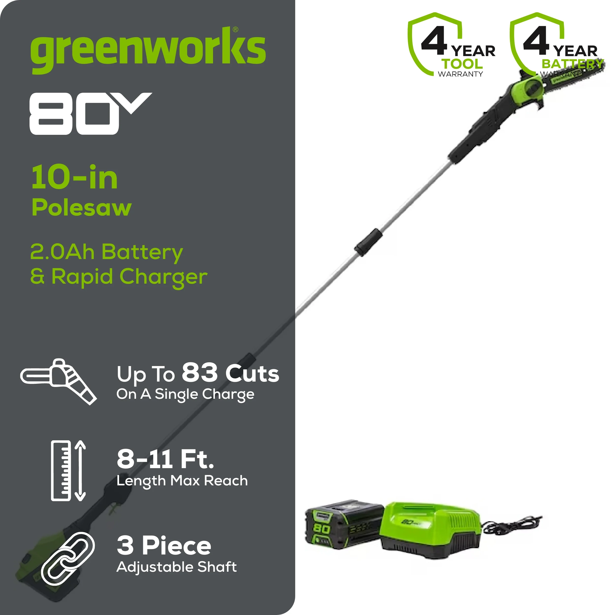 80V 10" Gen2 Cordless Battery Pole Saw: 2.0 Ah Battery and Rapid Charger - Image 2