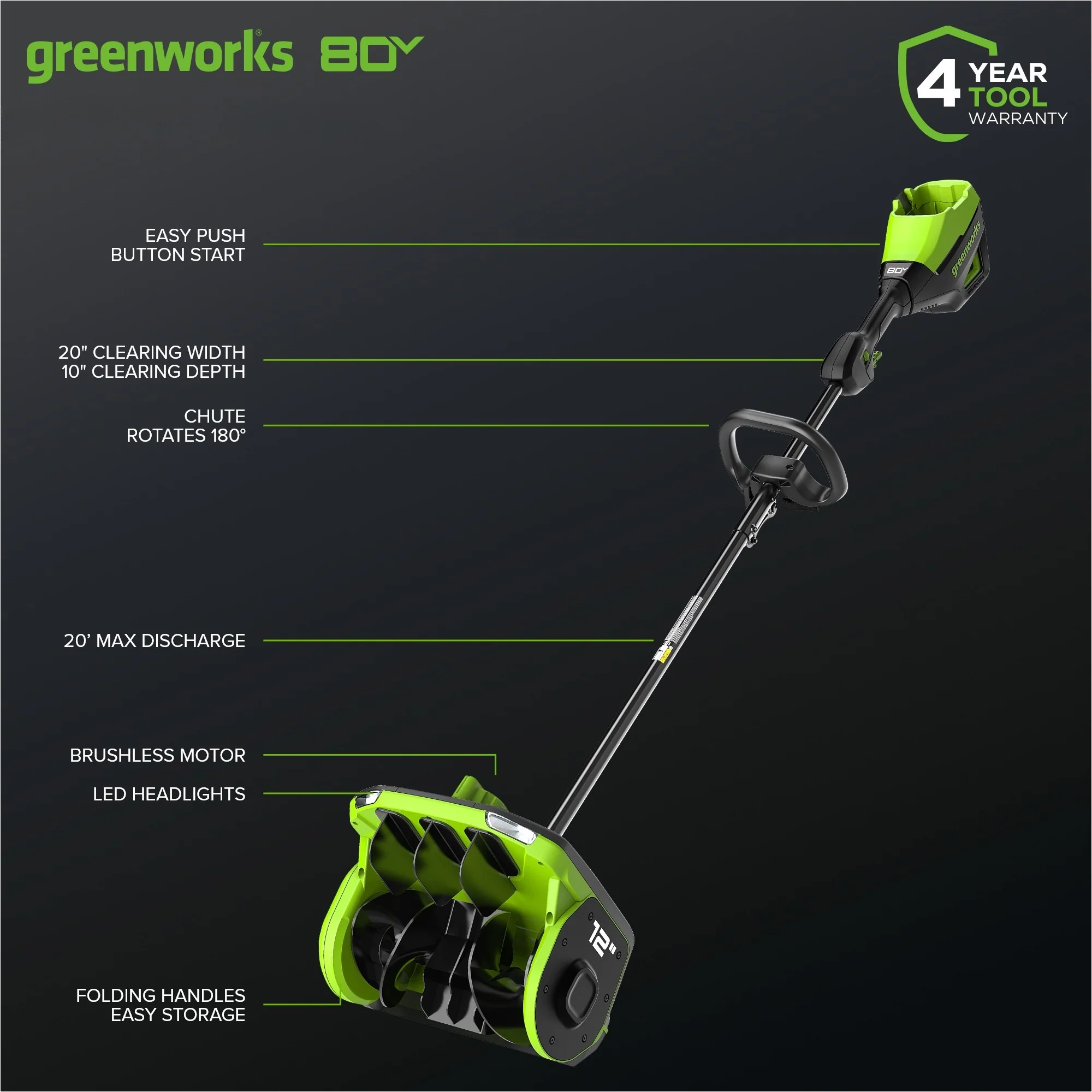 80V 12" Cordless Battery LED Snow Shovel, Directional Vanes (Tool Only) - Image 2