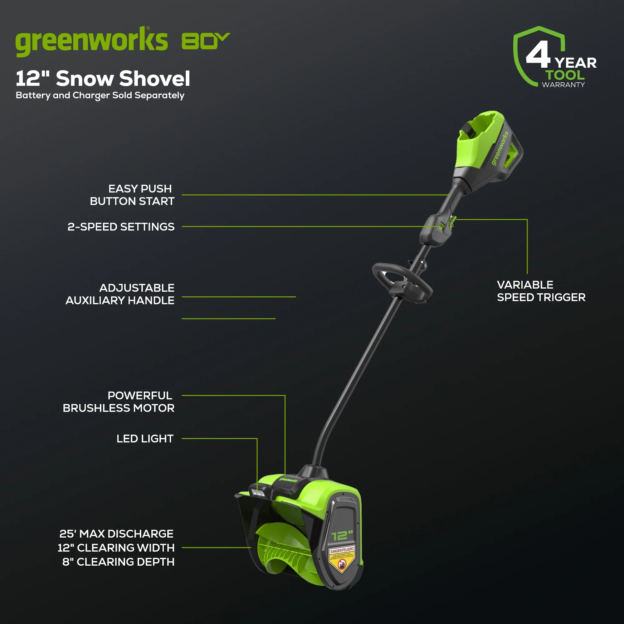 80V 12" Cordless Battery LED Snow Shovel (Tool Only) - Image 2