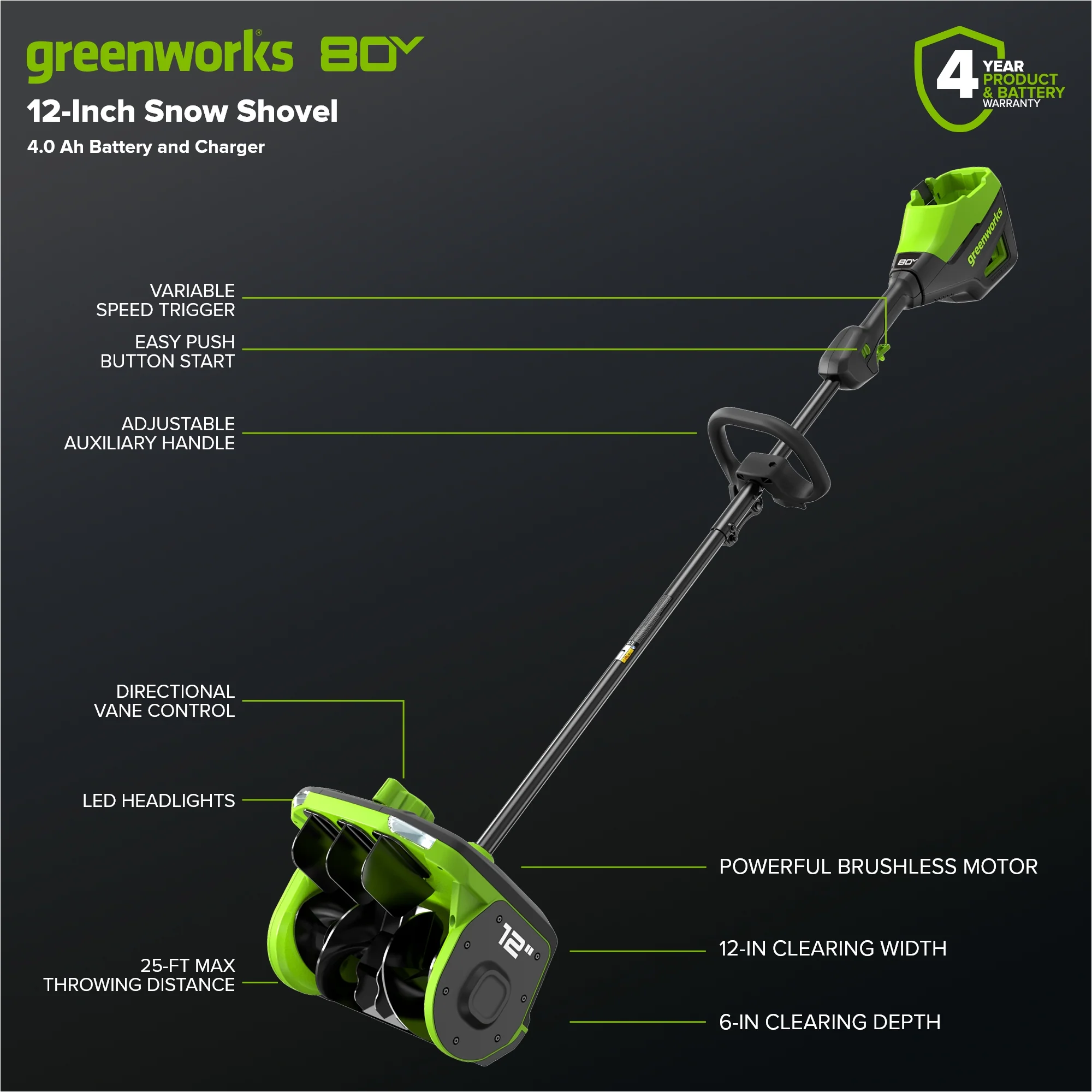 80V 12" Cordless Battery LED Snow Shovel: 4.0 Ah Battery and 6A Charger - Image 2