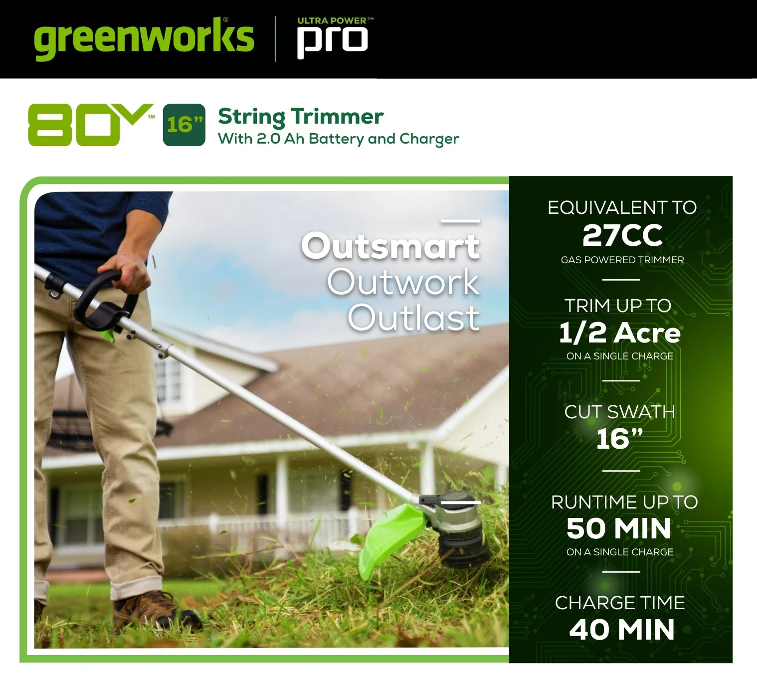 80V 16" Cordless Battery String Trimmer, 730 CFM Blower and 26" Hedge Trimmer Combo Kit: 2.0 Ah Battery and Charger - Image 3