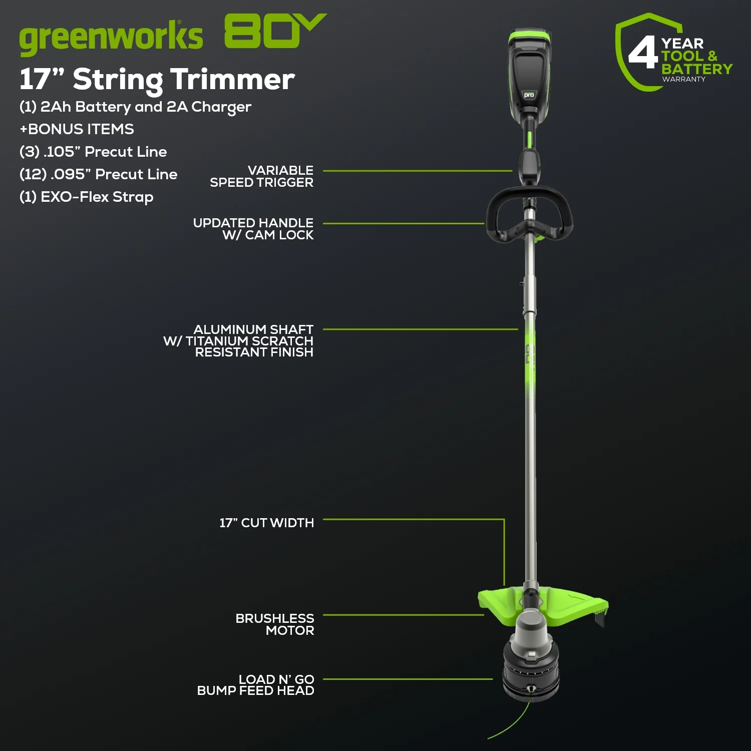 OPEN BOX 80V 17" Brushless String Trimmer Shoulder Strap, Precut Line included: 2.0 Ah Battery and Charger - Image 3